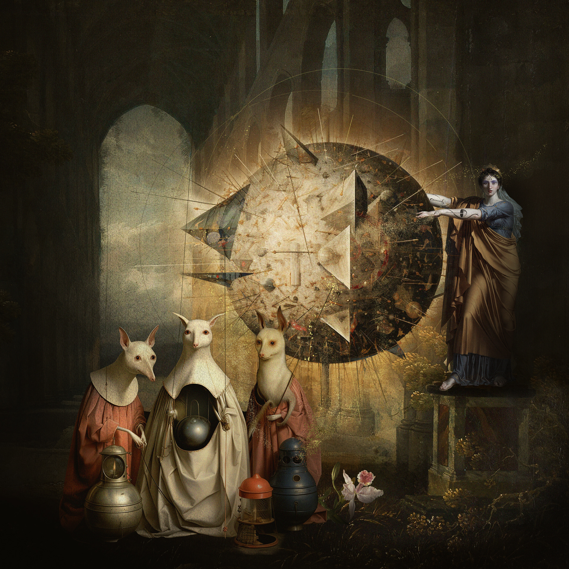 Collage digital surrealista que representa un aquelarre en una catedral gótica en ruinas. Tres figuras humanoides con cabezas de animales y vestimentas ceremoniales sostienen objetos esotéricos, mientras una mujer en un pedestal gesticula hacia un orbe geométrico en explosión. Simbología alquímica, mitología y lo oculto convergen en esta escena mística.