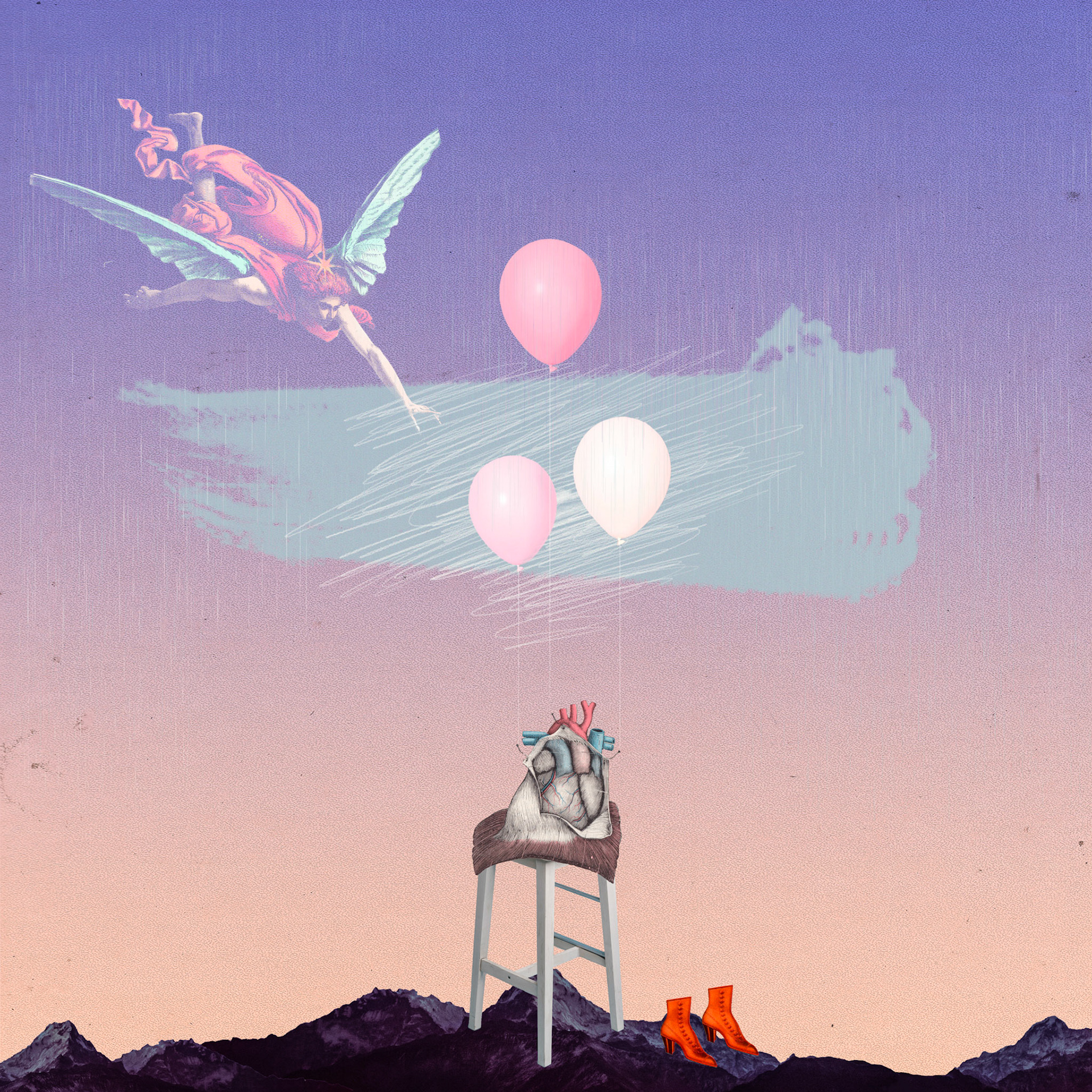 Collage digital surrealista con un corazón anatómico apoyado en un taburete, conectado a globos flotantes en un paisaje de montaña. Una figura alada desciende desde el cielo con un gesto protector, mientras un par de botas vacías en el suelo sugieren una presencia ausente. La imagen evoca una sensación de ligereza, melancolía y ascensión, fusionando lo onírico con lo simbólico.