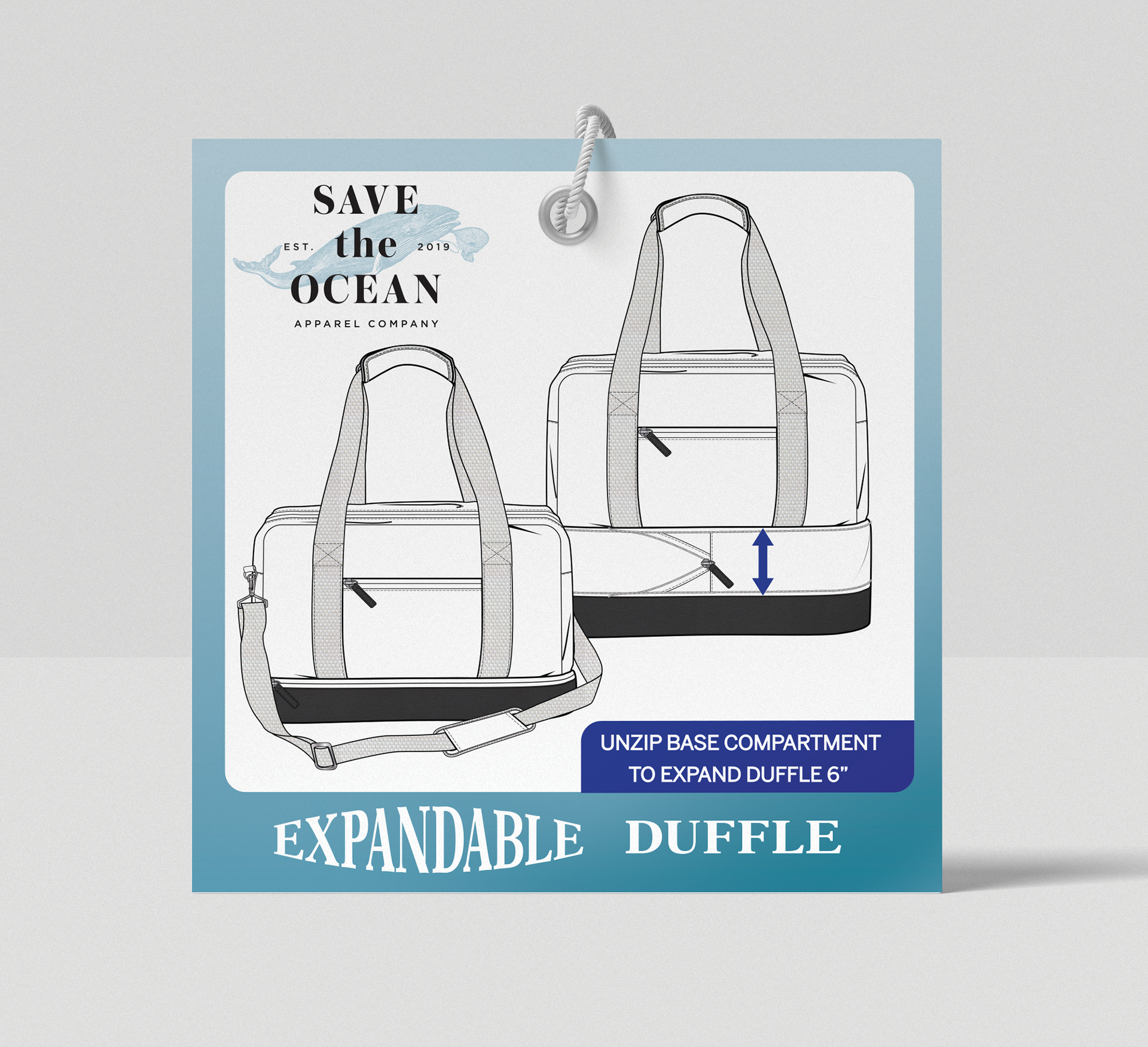 DESIGNED HANGTAG FOR EXPANDABLE DUFFLE