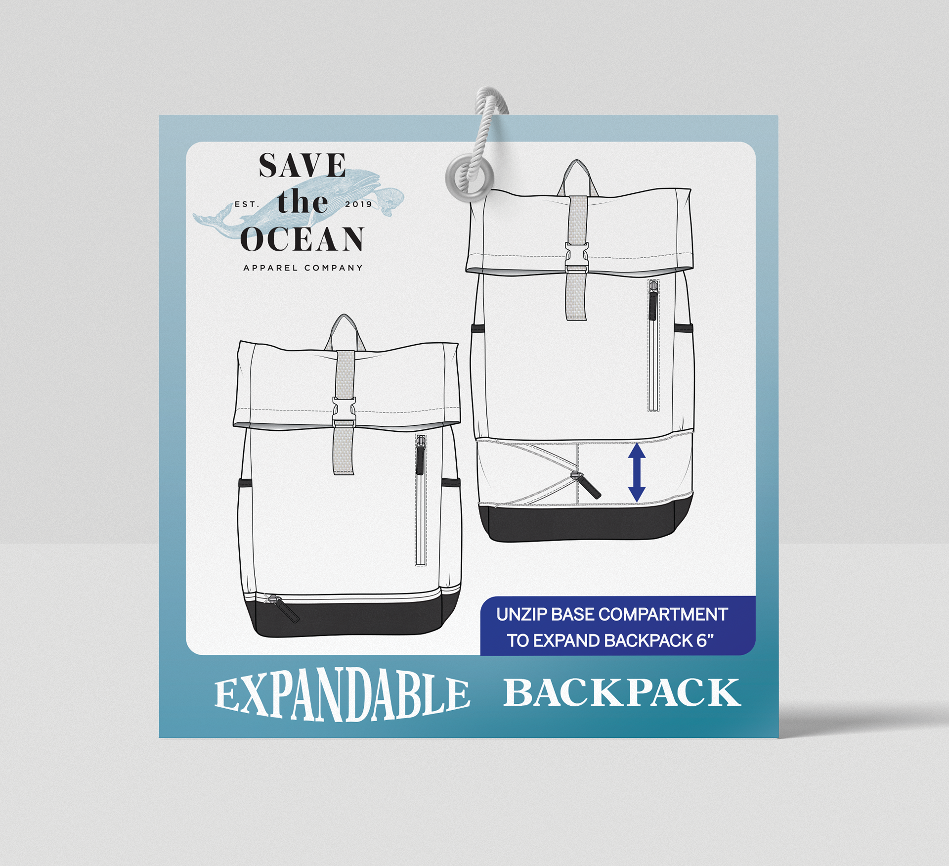 DESIGNED HANGTAG FOR EXPANDABLE BACKPACK