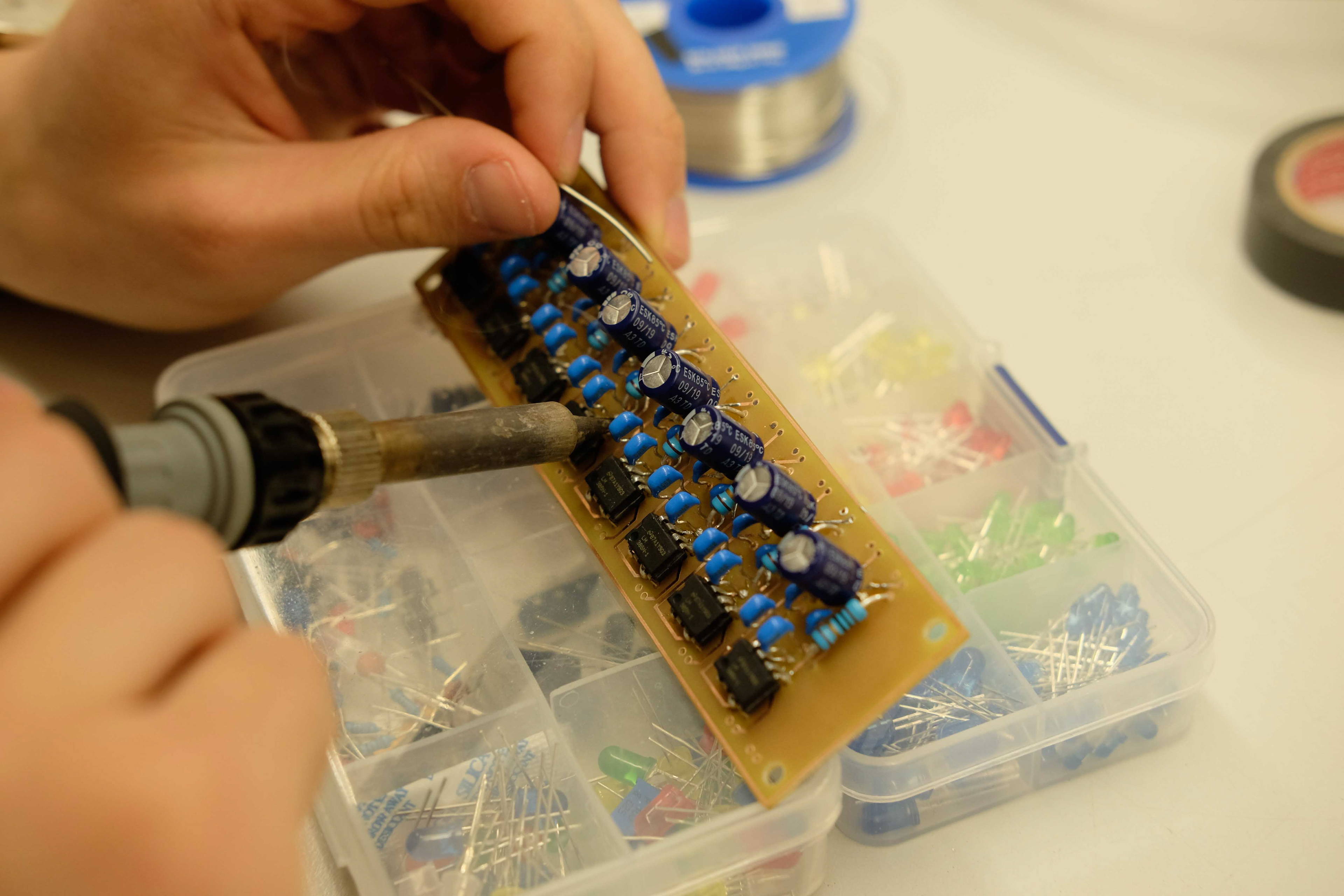 Soldering the printed circuit boards.