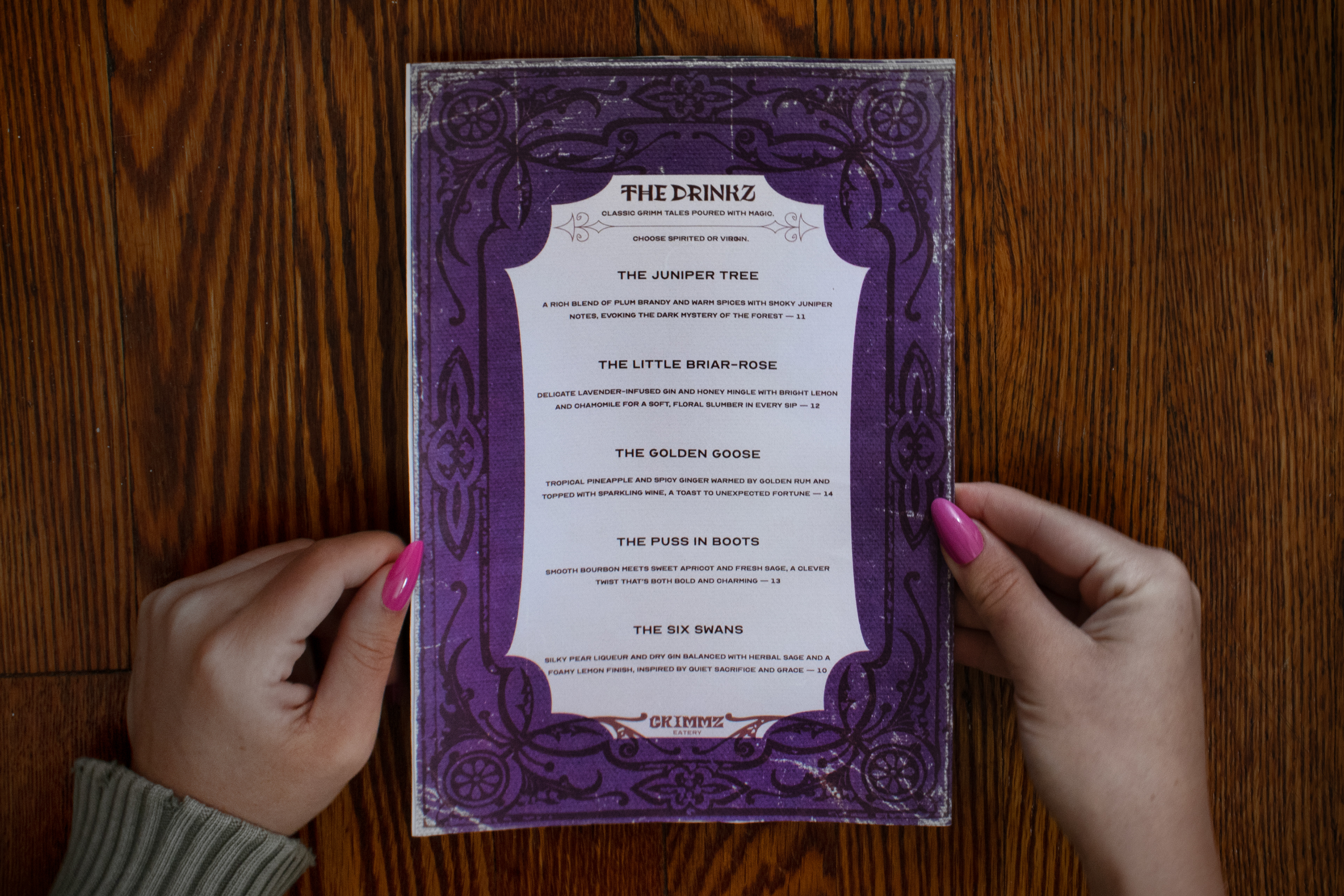 Back of menu—"The Drinkz"