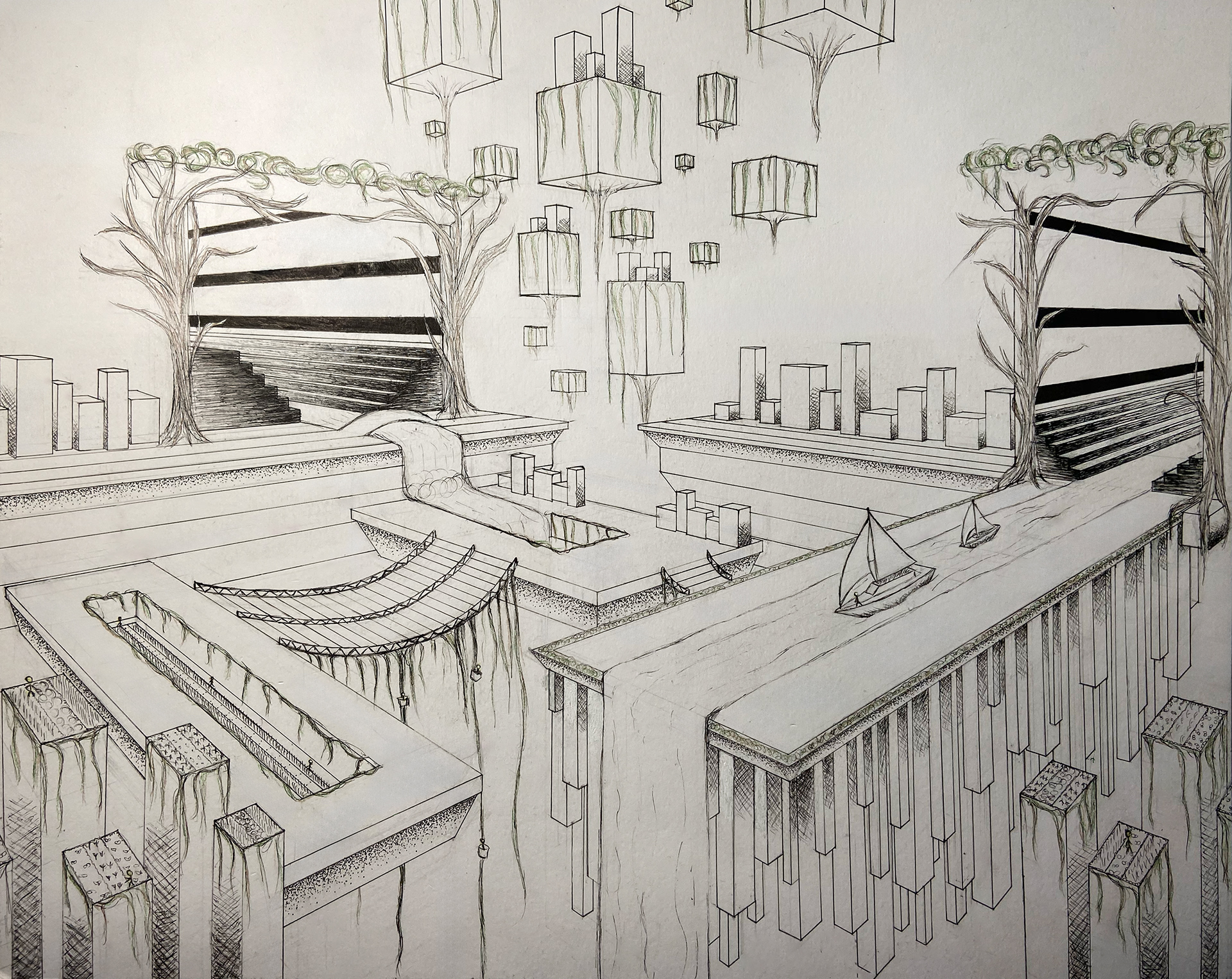 2-point perspective line drawing that reimagined class setting into futuristic utopia; Won Principal's Award (2022) and Superintendent's Award (2022).