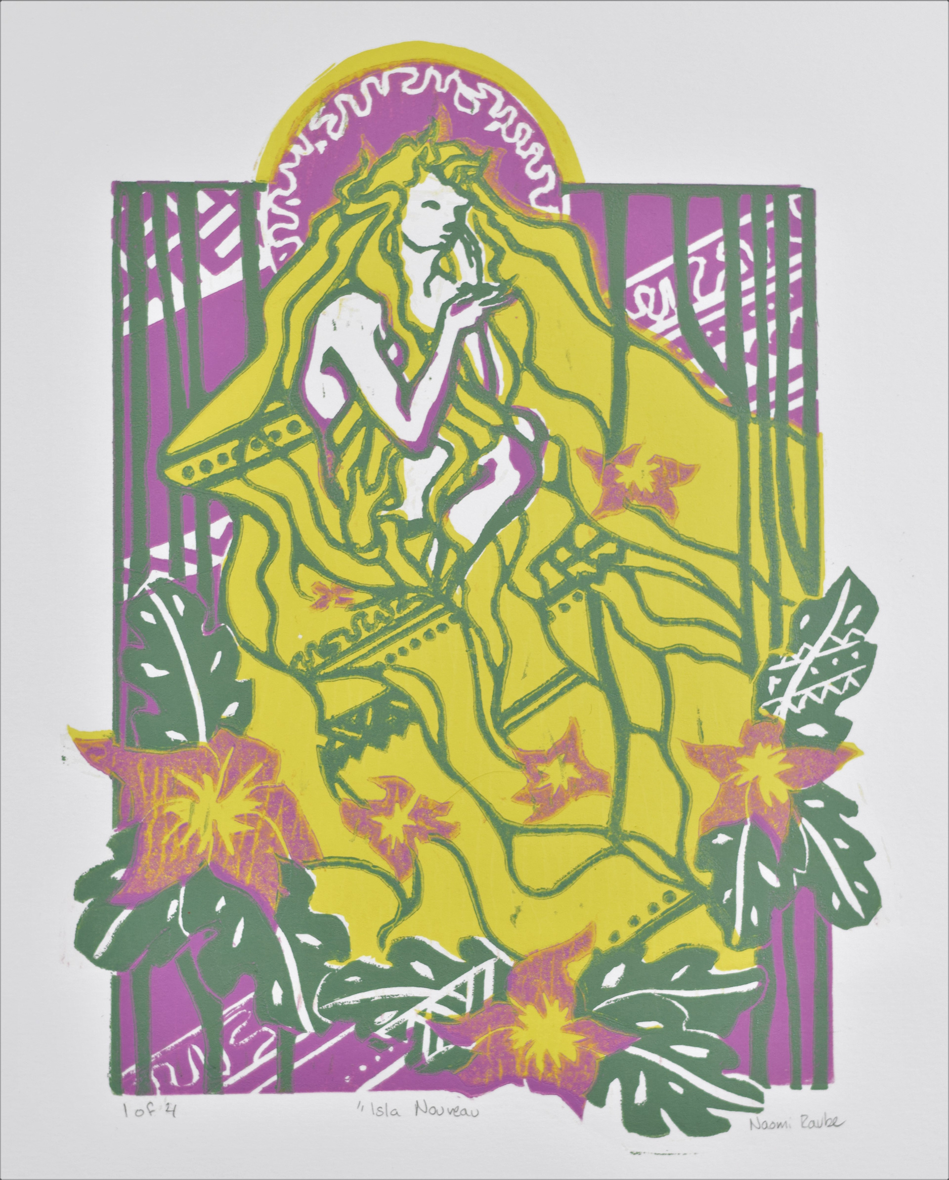 Naomi Raube, Isla Nouveau Original Colors 1of4, 9inx11.5in, linoleum print, 2018