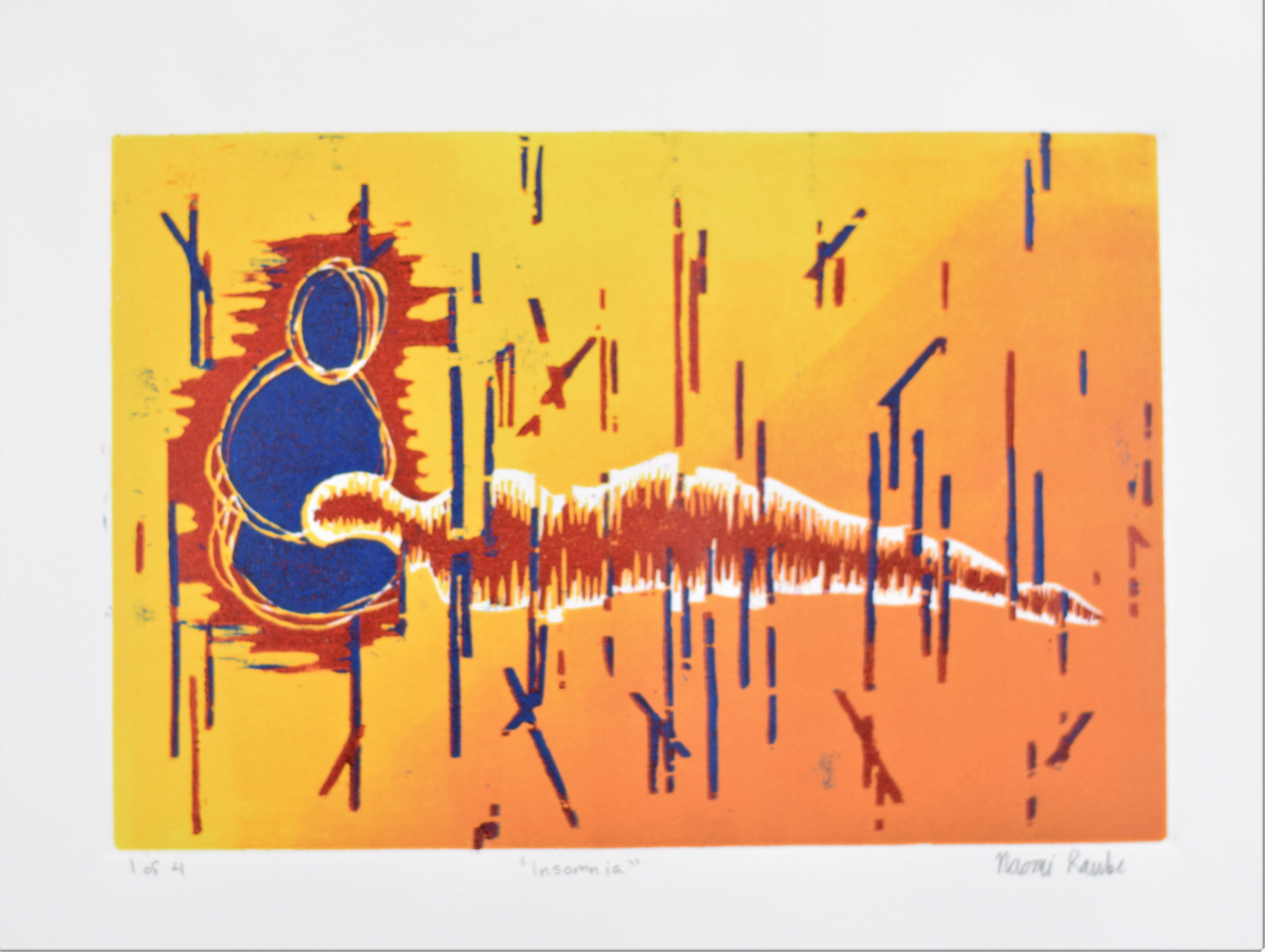 Naomi Raube, Insomnia, 8inx12in, woodblock print, 2018