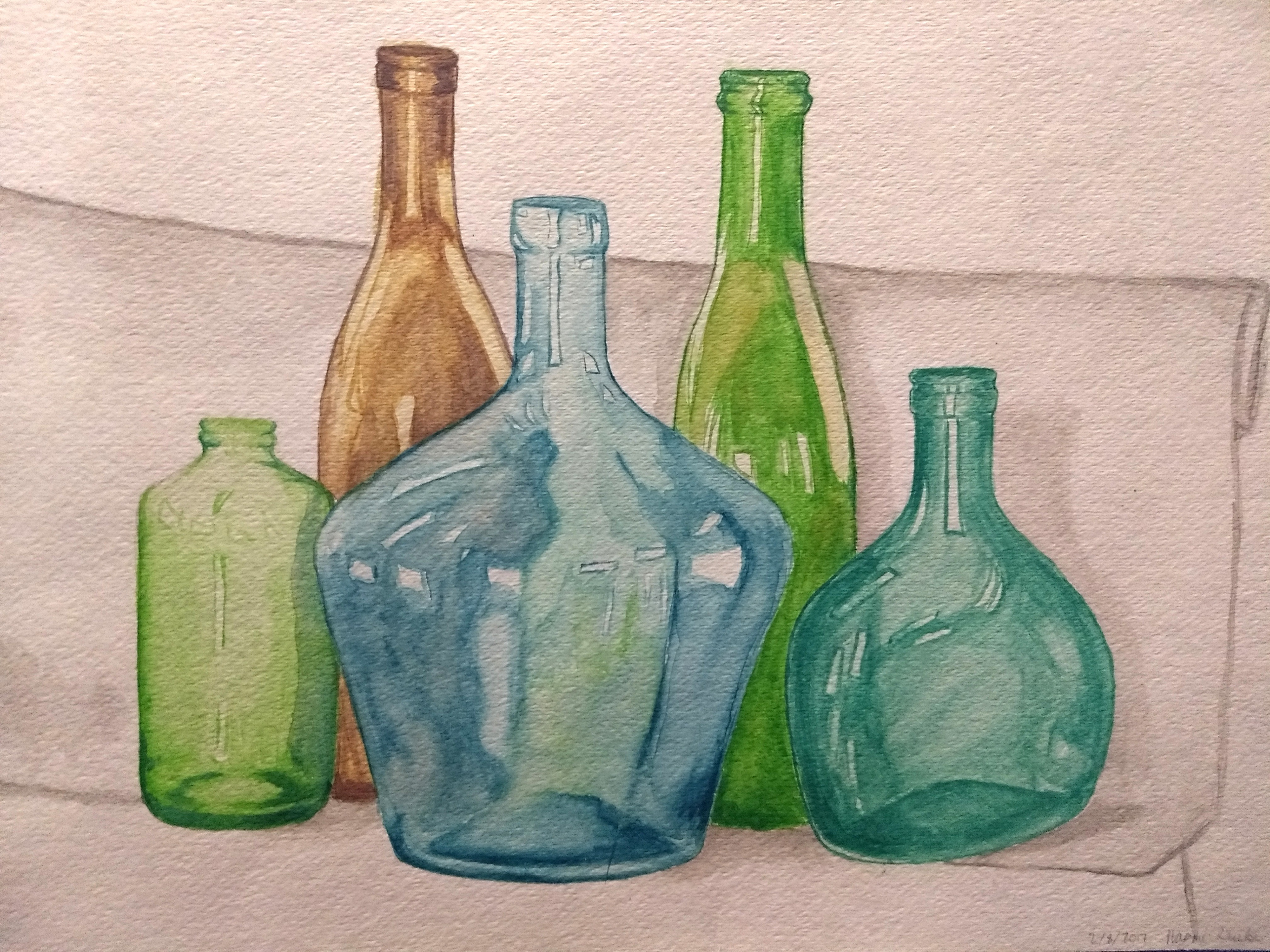 Glass Bottles, Watercolour, 15x9.5in, 2017