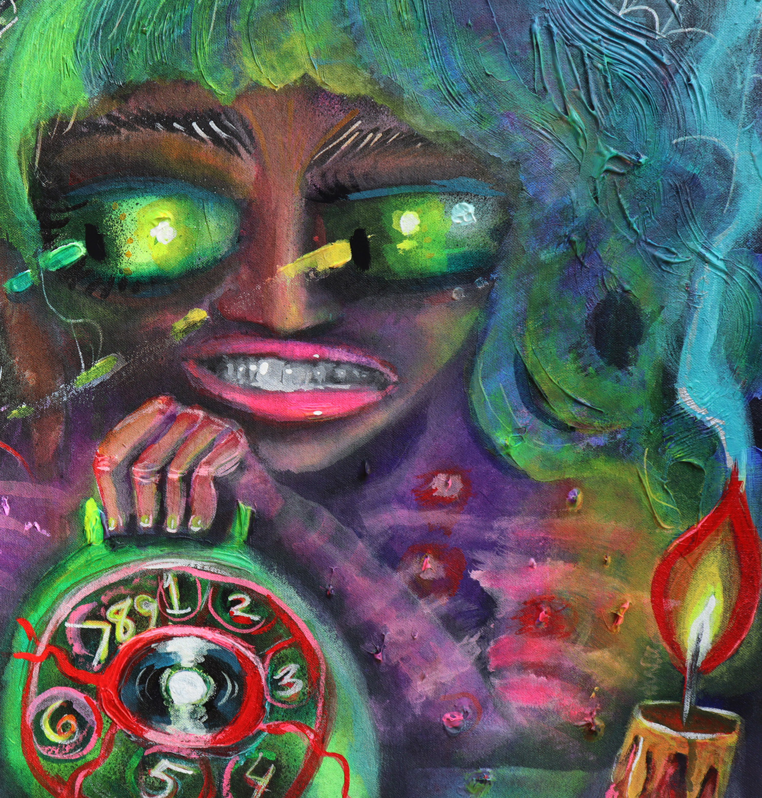 Acrylic and spray paint on stretched canvas-close up