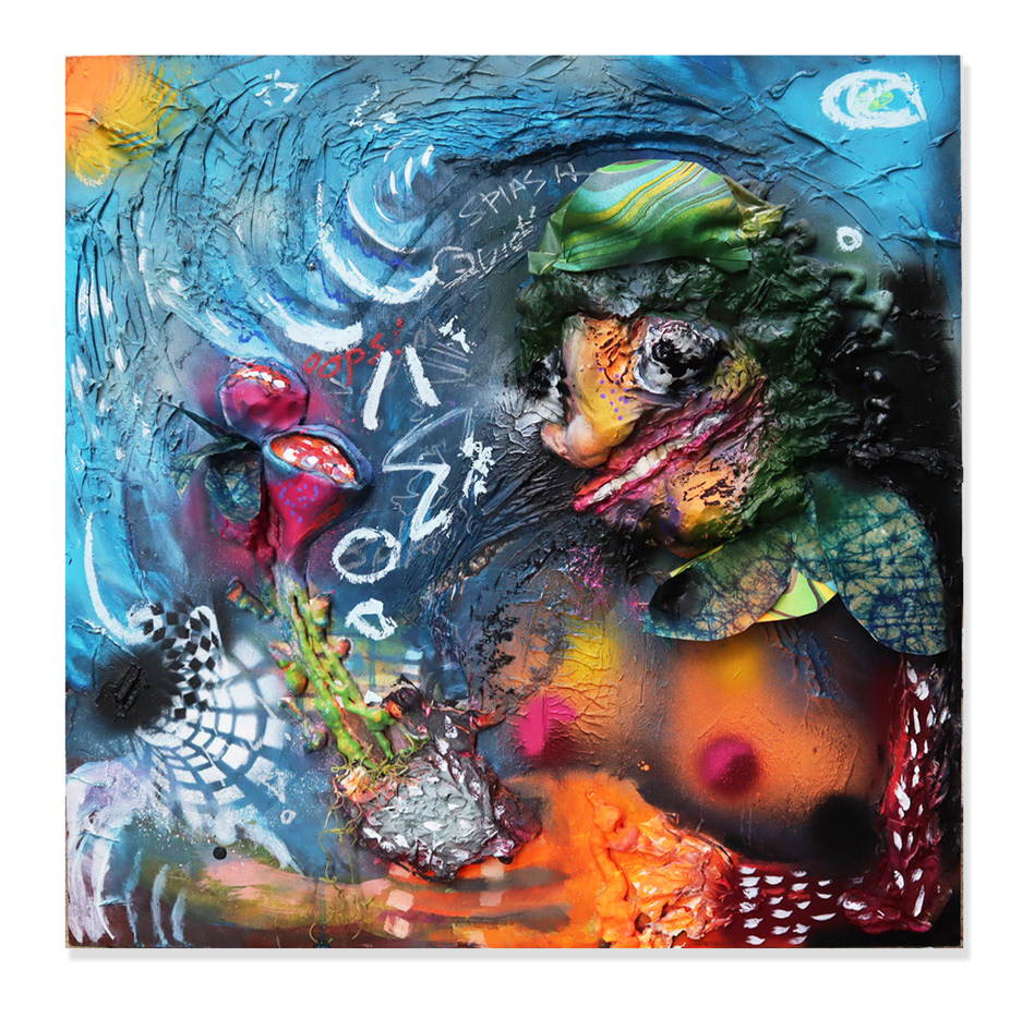 Oil and acrylic paint, spray foam, modling paste, oil stick on board