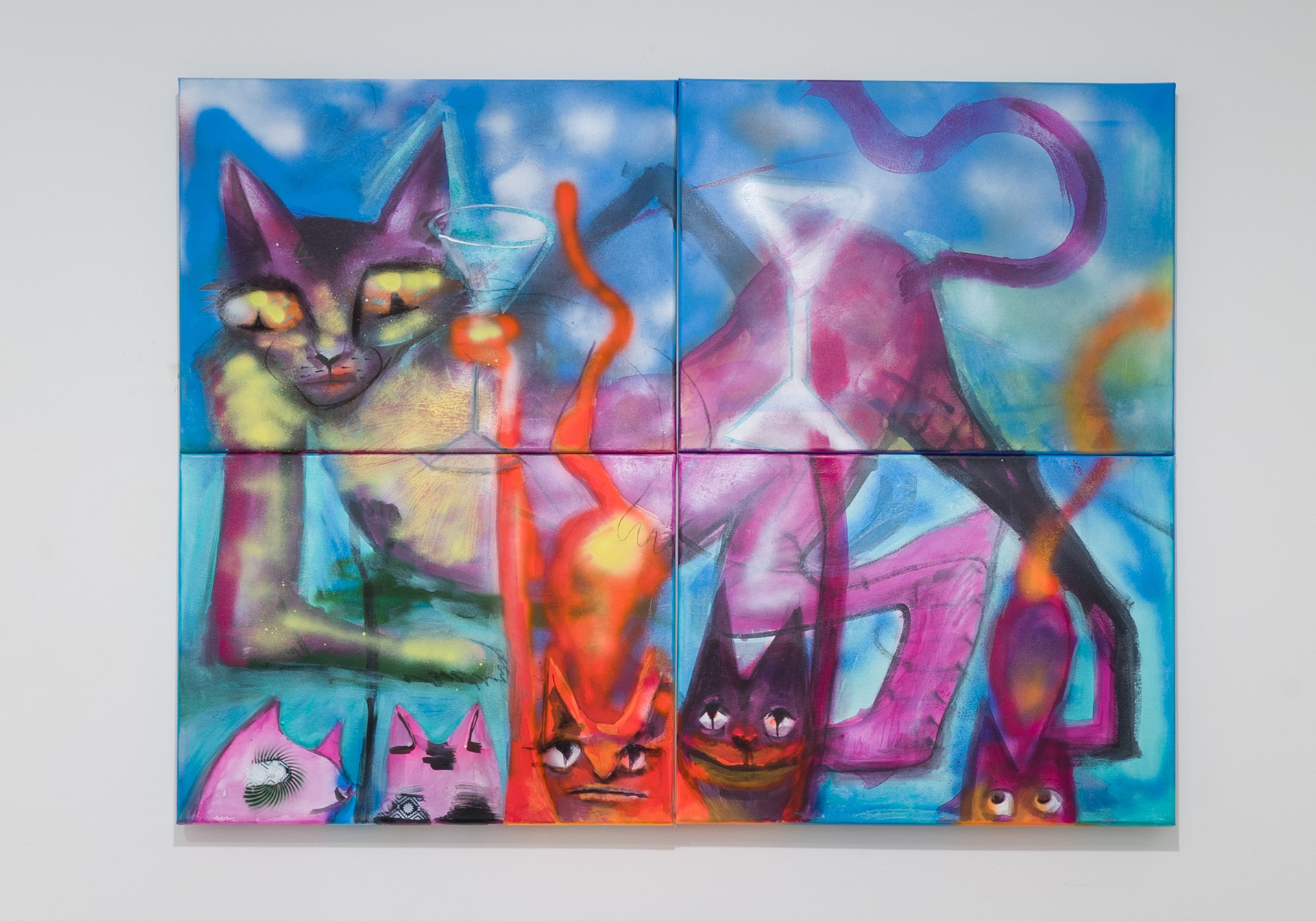 Acrylic and spray paint on 4 canvas panels