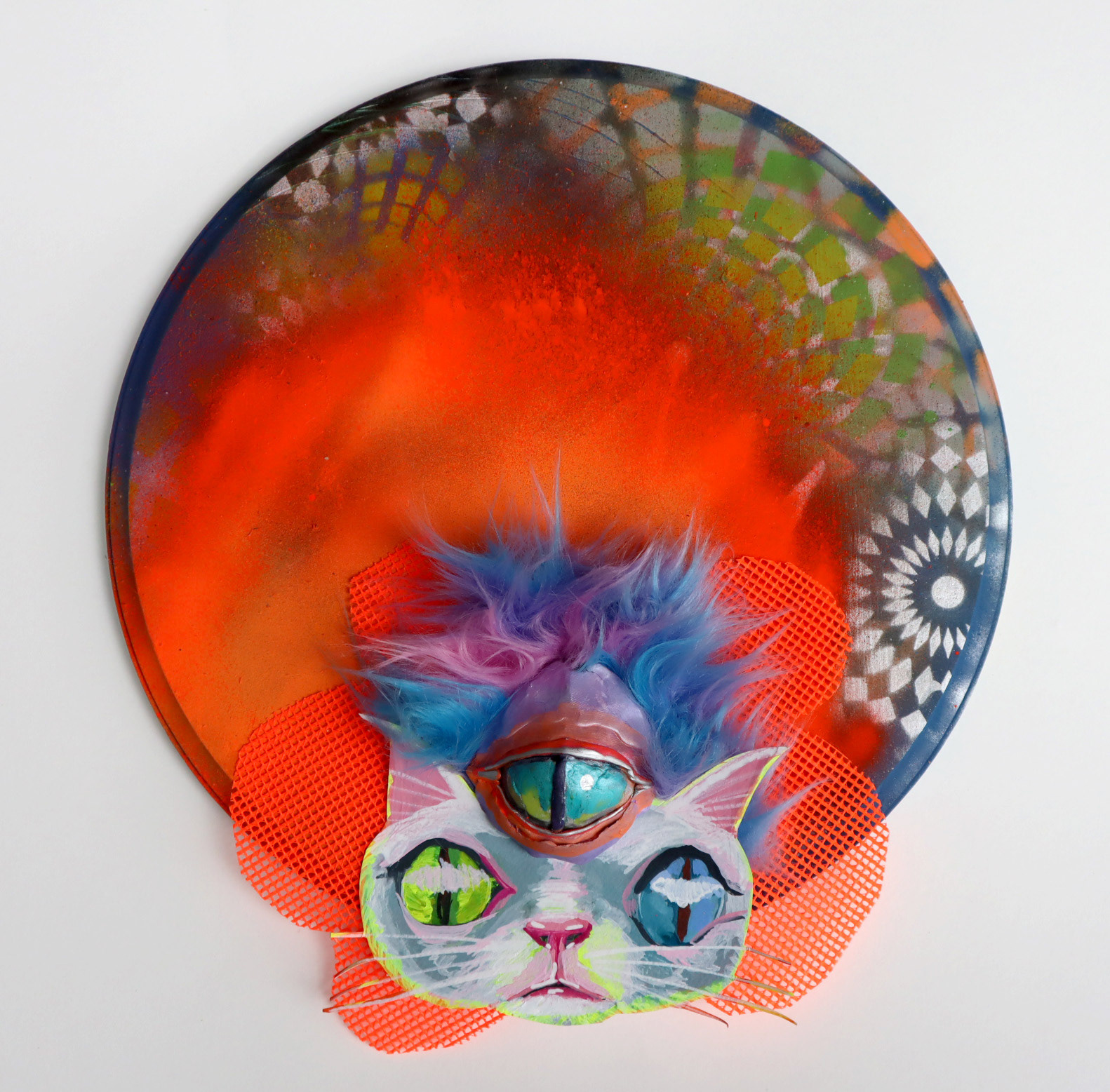 Spray paint, polymer clay and acrylic on paper on board