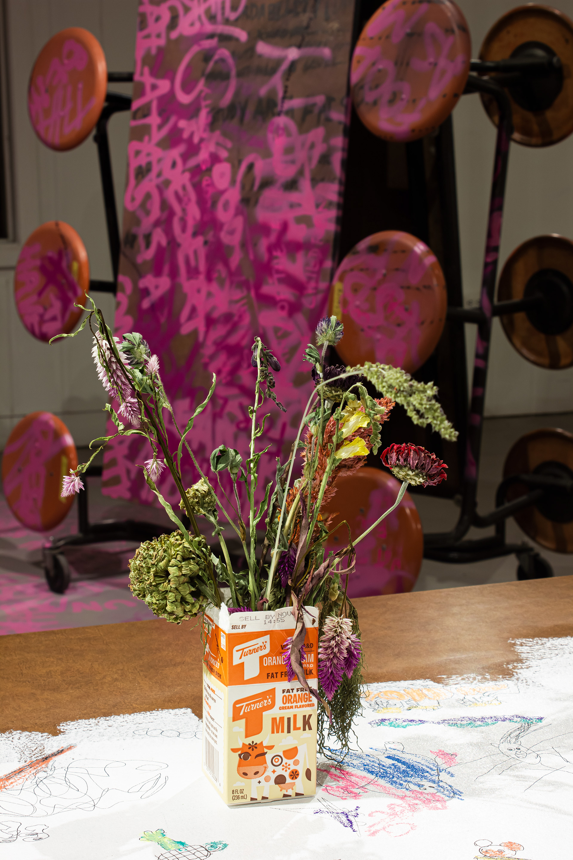 Details: dried flowers and milk carton