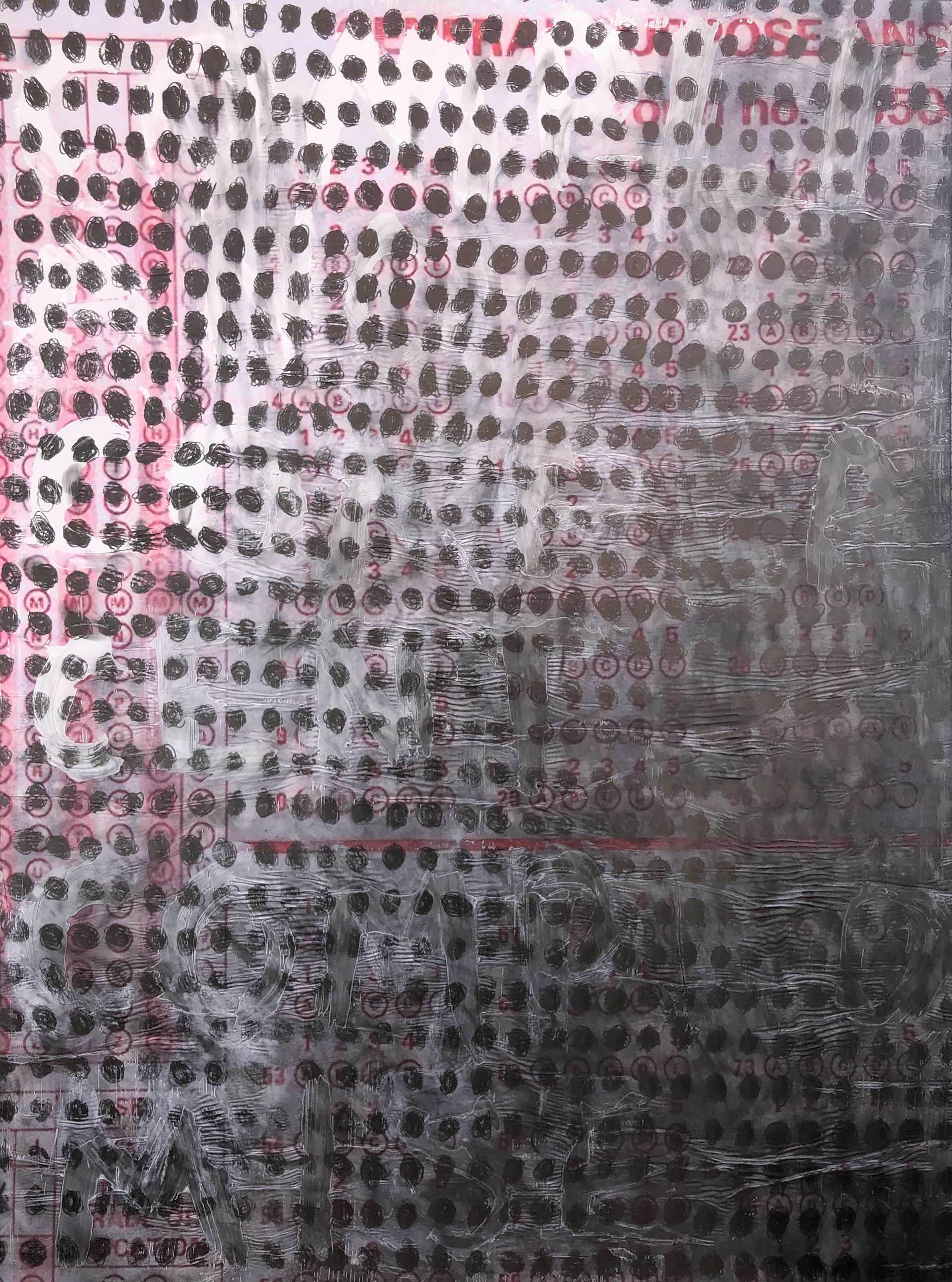 Large image of mixed media collage of Scantron 2: Compliance, Complacent, Compromise. Laser jet print, acrylic, and graphite on aluminum composite panel.