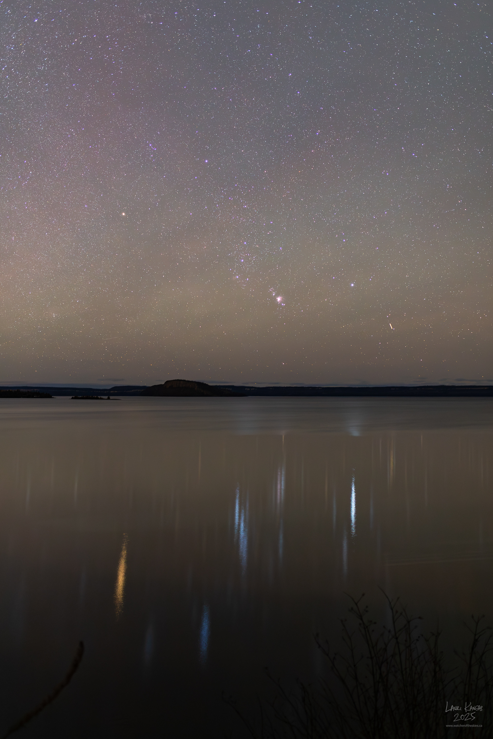 Orion Rising over Caribou Island on Amethyst Bay with Colourful Reflections - November 16 2025