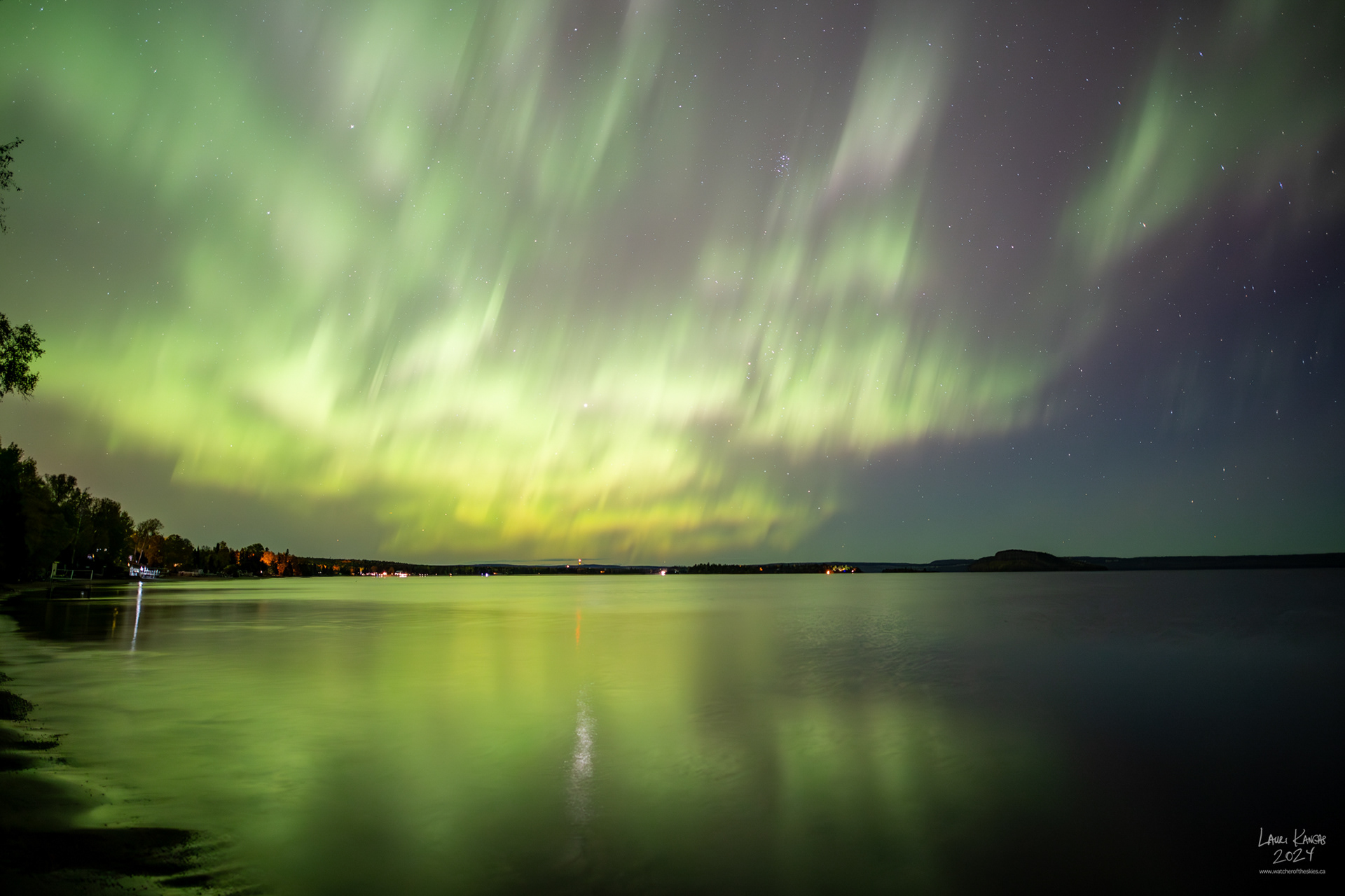 Green aurora over Amethyst Bay, Lake Superior during G3 storm
