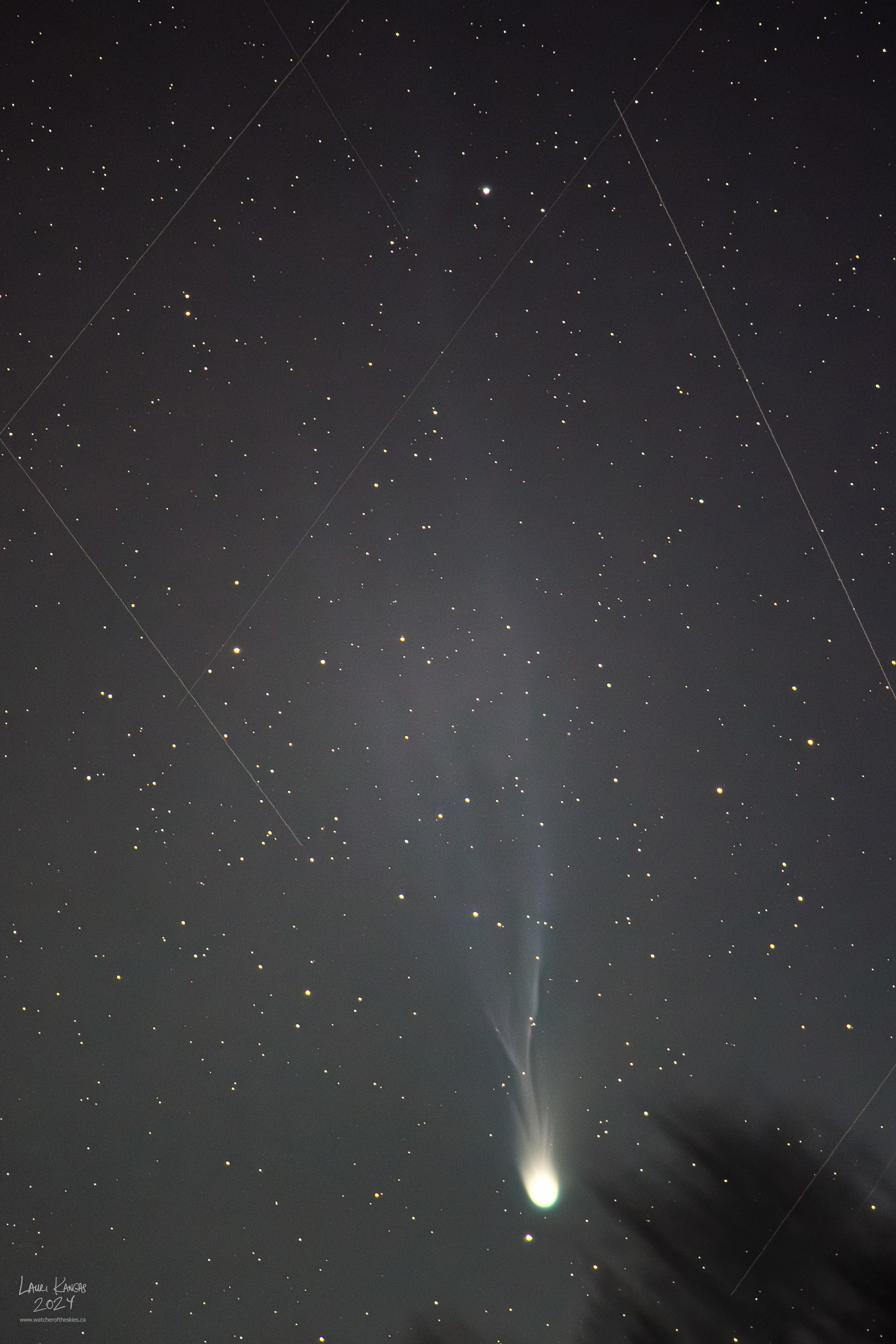 Comet 12P/Pons-Brooks - Composite of 4 stacked 30 second images taken on Apr 5, 2024. Satellite trails included free of charge.