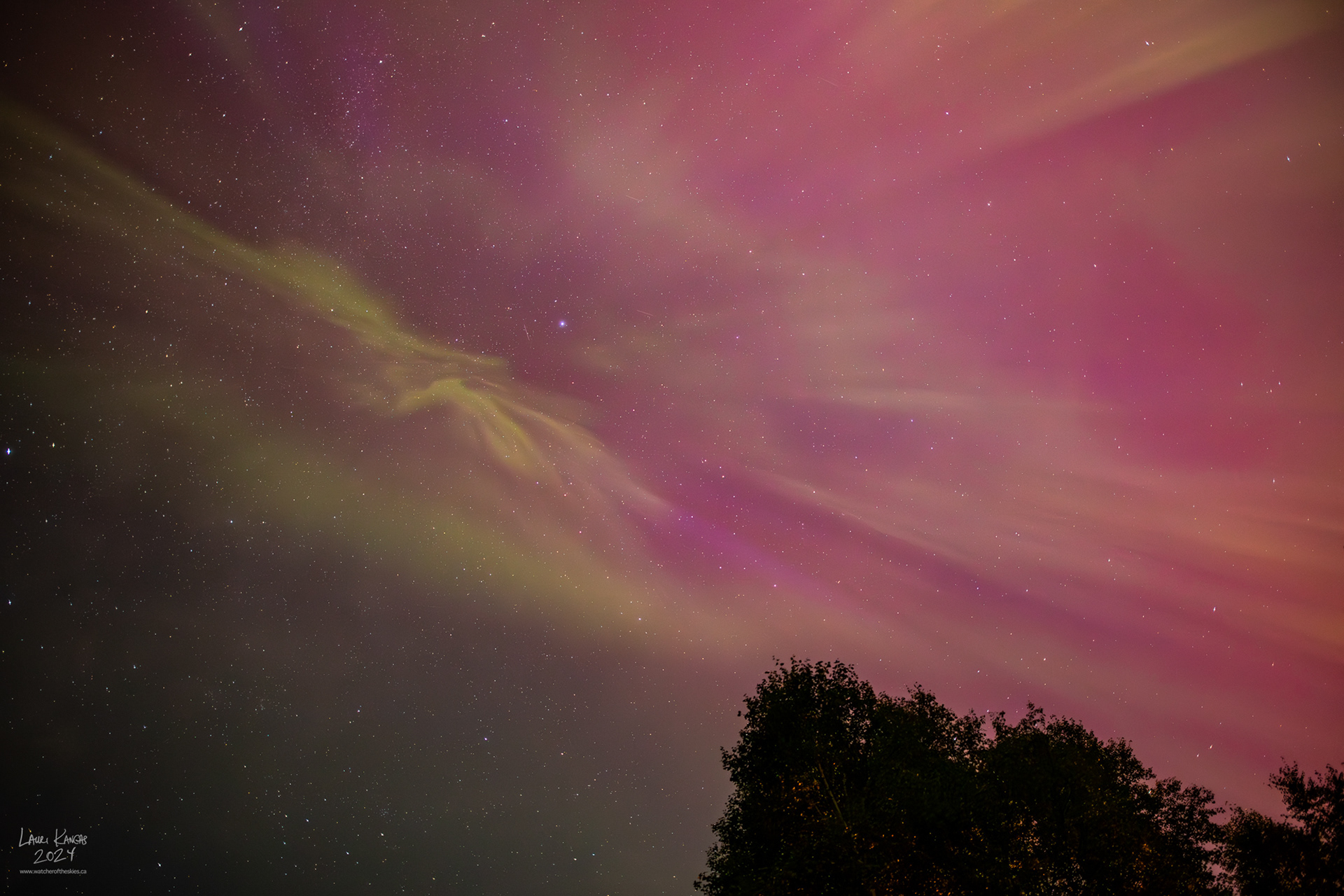 Strong G4 Aurora over Amethyst Bay - Yellow and Pink Corona