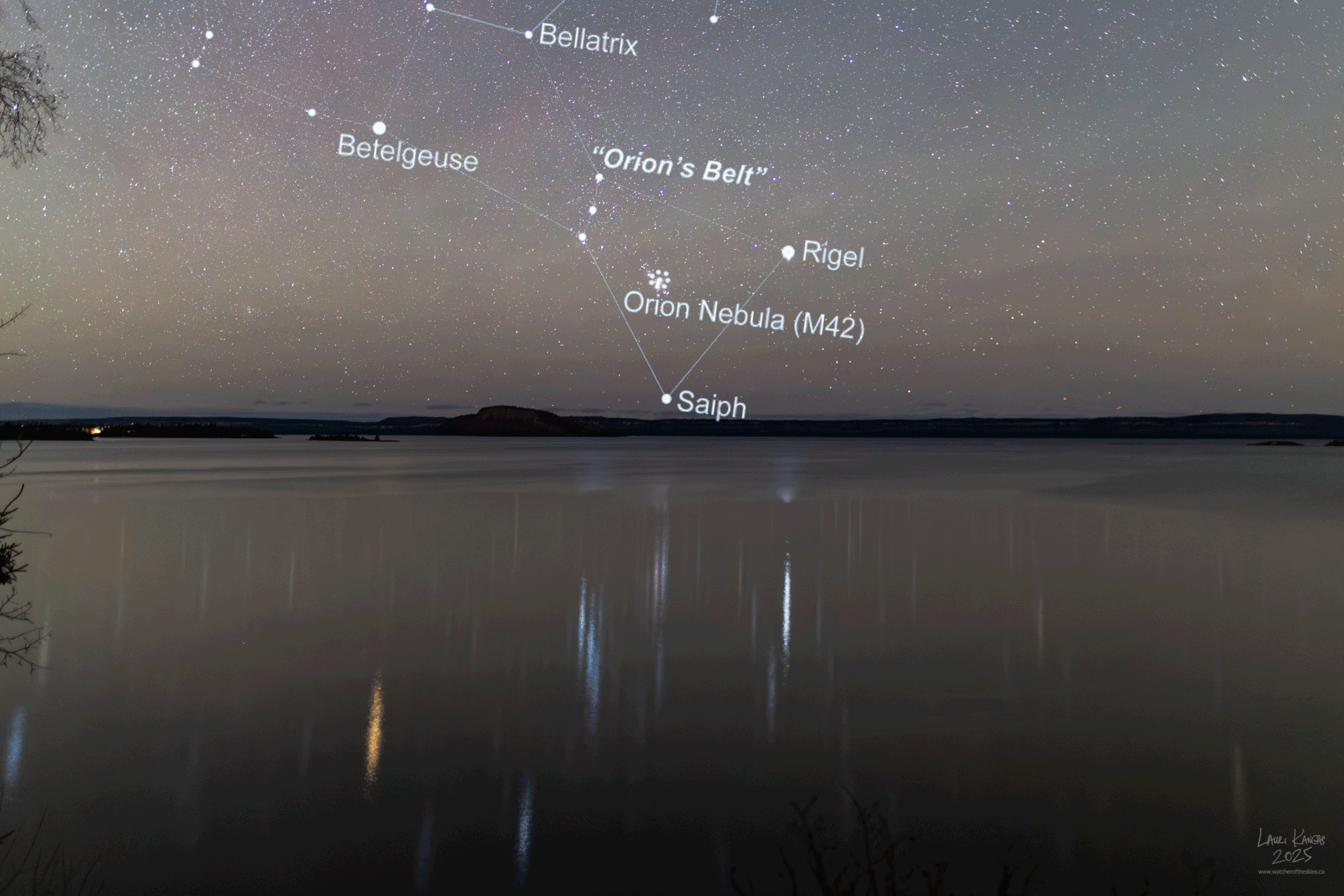 Orion Rising over Caribou Island on Amethyst Bay with Colourful Reflections - November 16 2025