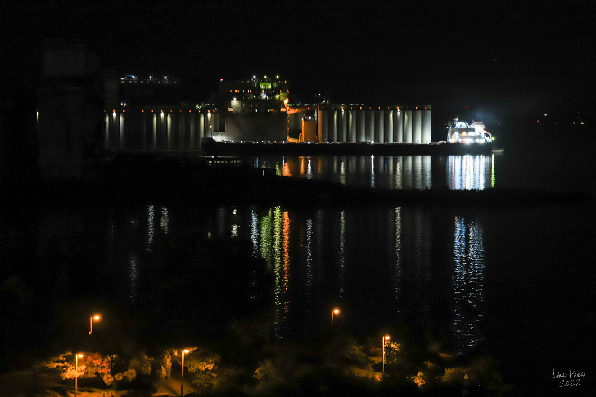 Grain elevator at night