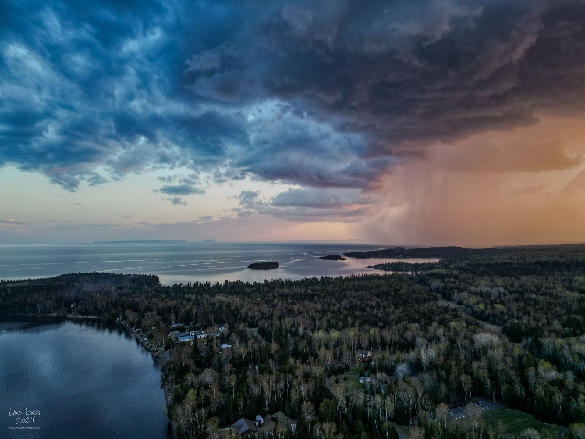 Aerial photo of squall at sunset over Shuniah, Ontario - May 18 2024