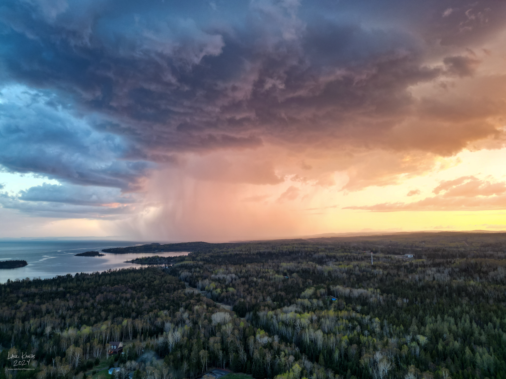 Aerial photo of squall at sunset over Shuniah, Ontario - May 18 2024