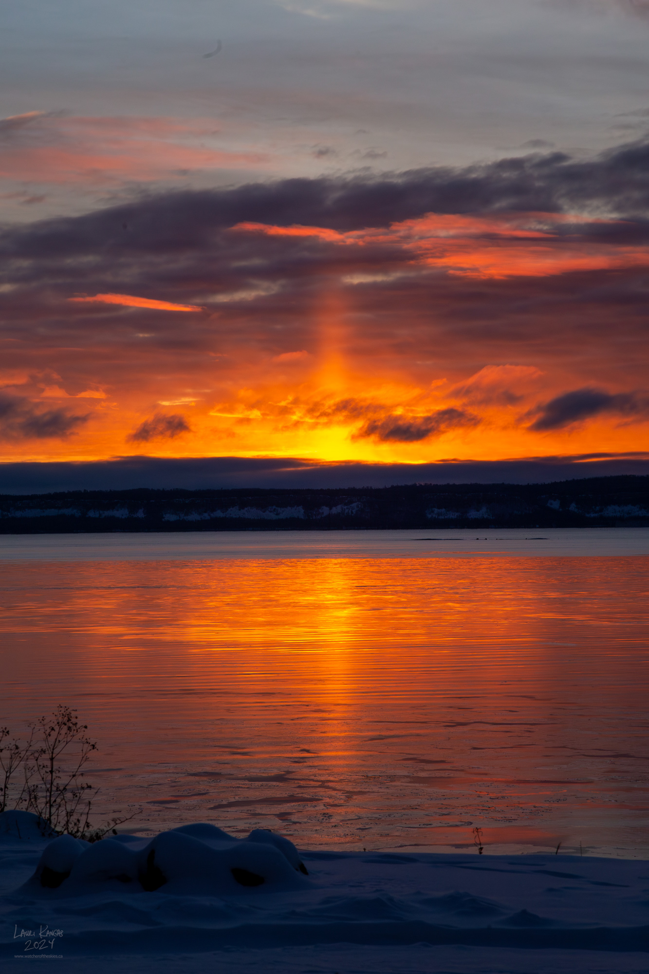 Morning Sun Pillar on Amethyst Bay, Lake Superior - January 11, 2024