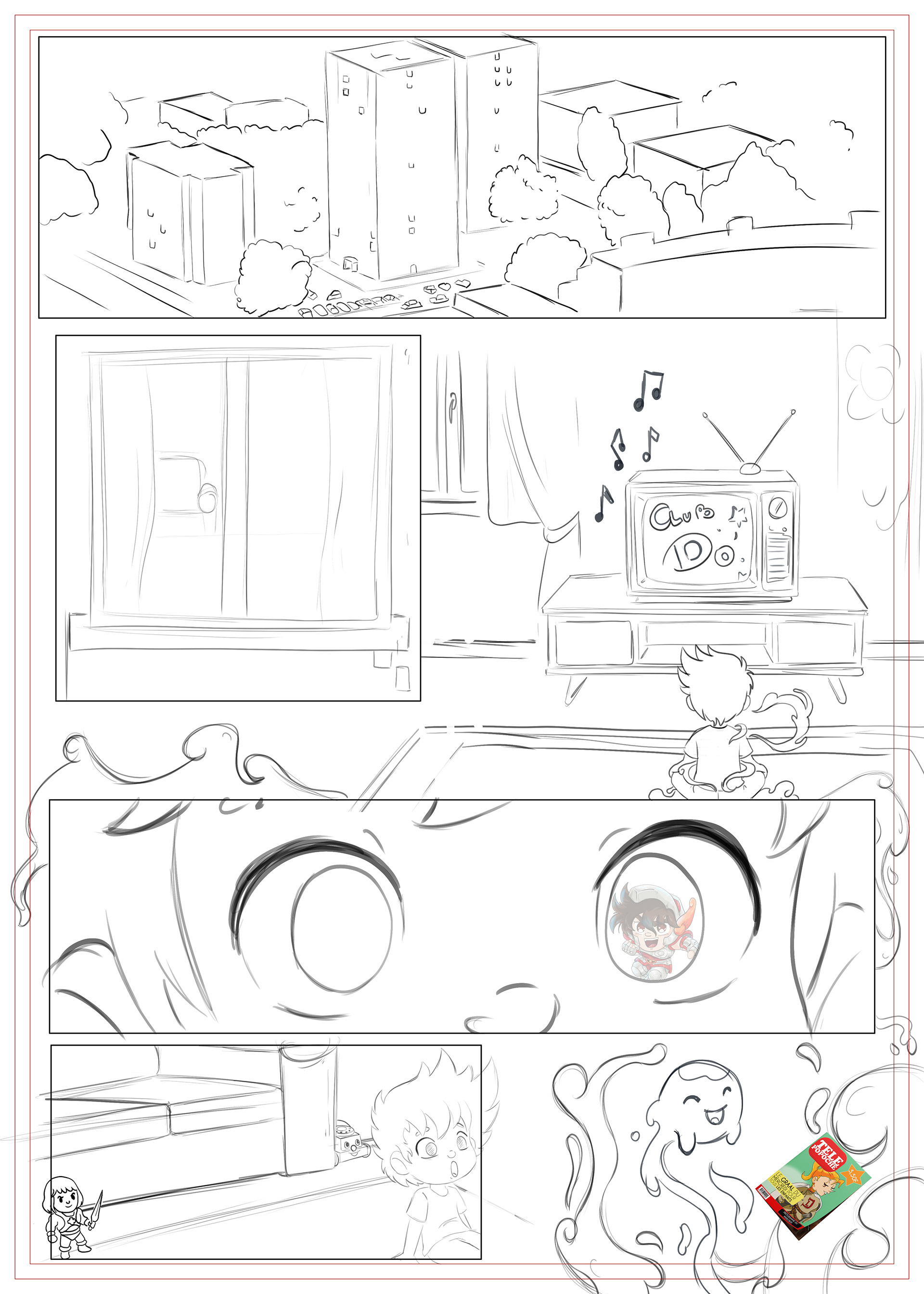 BD-Matama - la première planche de la BD pour découvrir Mat dans son appartement devant la télé. Missy près de lui. Des jouets vintage dans la pièce.