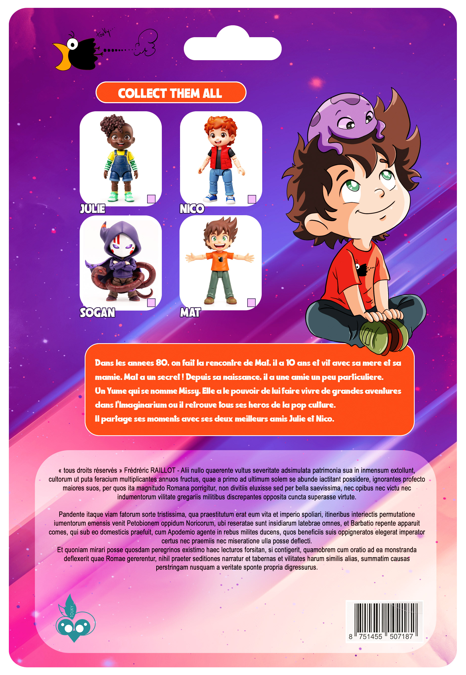 Blister-Matama - prototype du blister pour les figurines de Mat et Missy. Le verso avec un descriptif sur Mat. Quatre vignettes qui présentent 4 personnages.