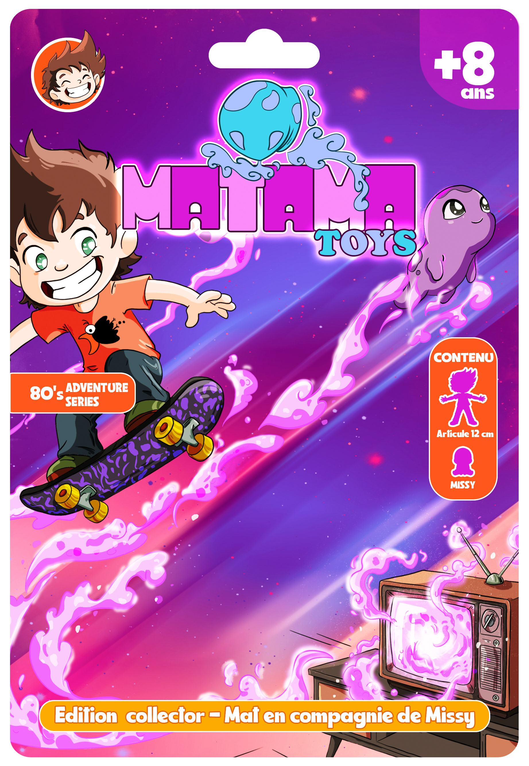 Blister-Matama - prototype du blister pour les figurines de Mat et Missy. Le recto avec nos héros et la télé qui ouvre le portail.