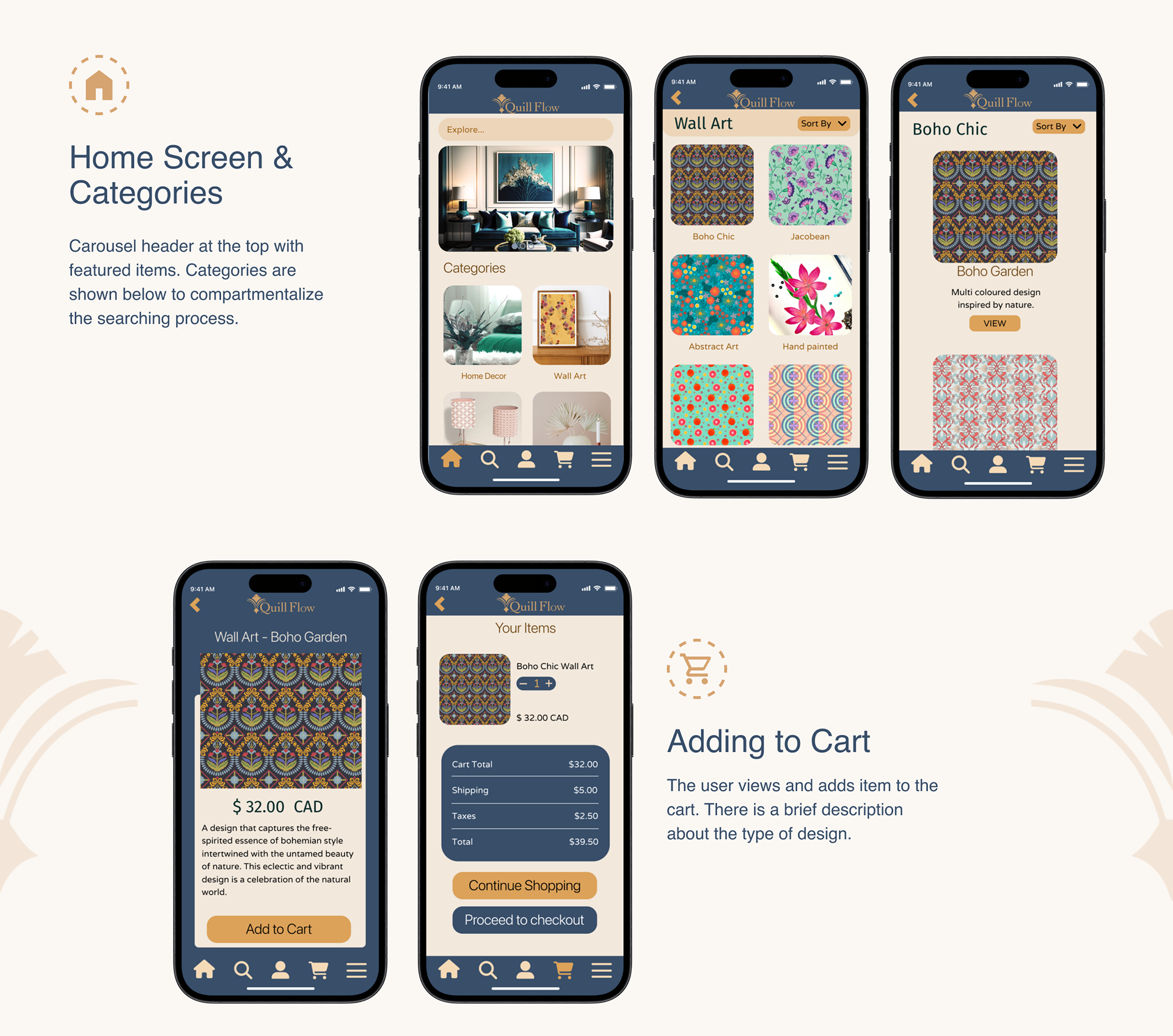 Quill Flow home screen and categories
