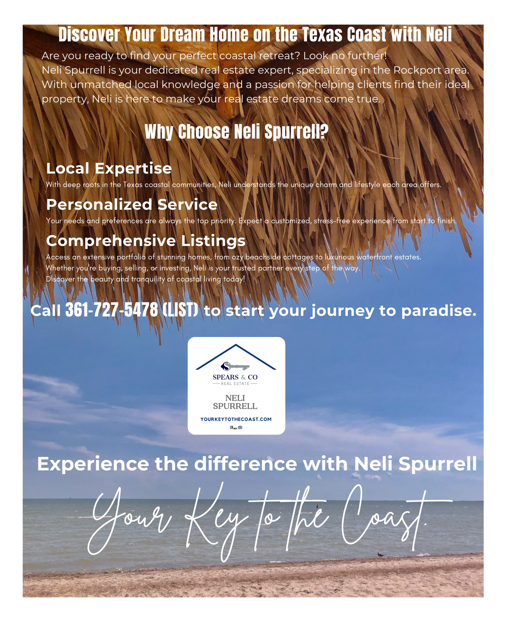 Inside back cover of magazine with photo of Rockport beach under a cabana.