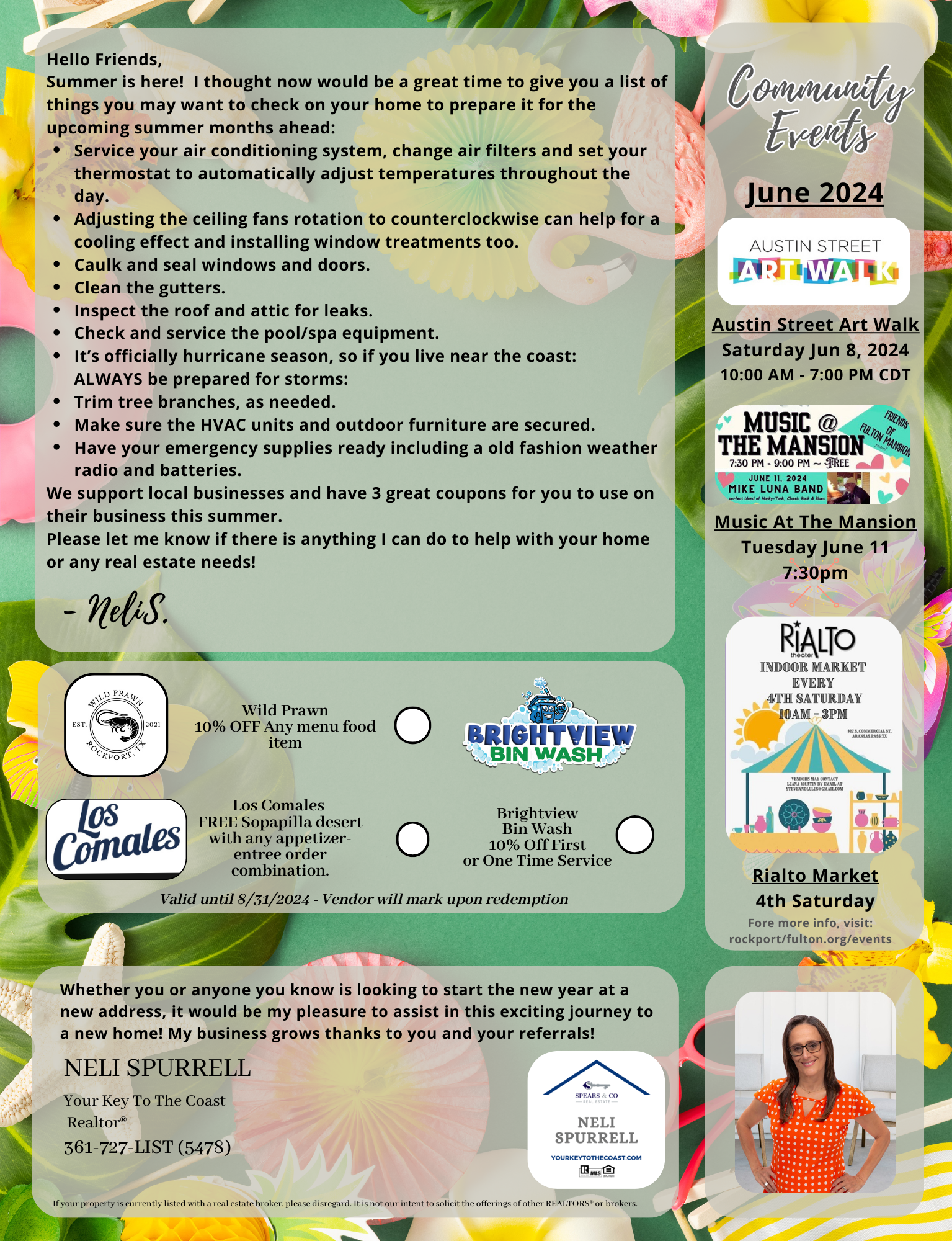 Inside front cover of magazine with coastal flowers and other items as background with letter, coupons, and community events listed.
