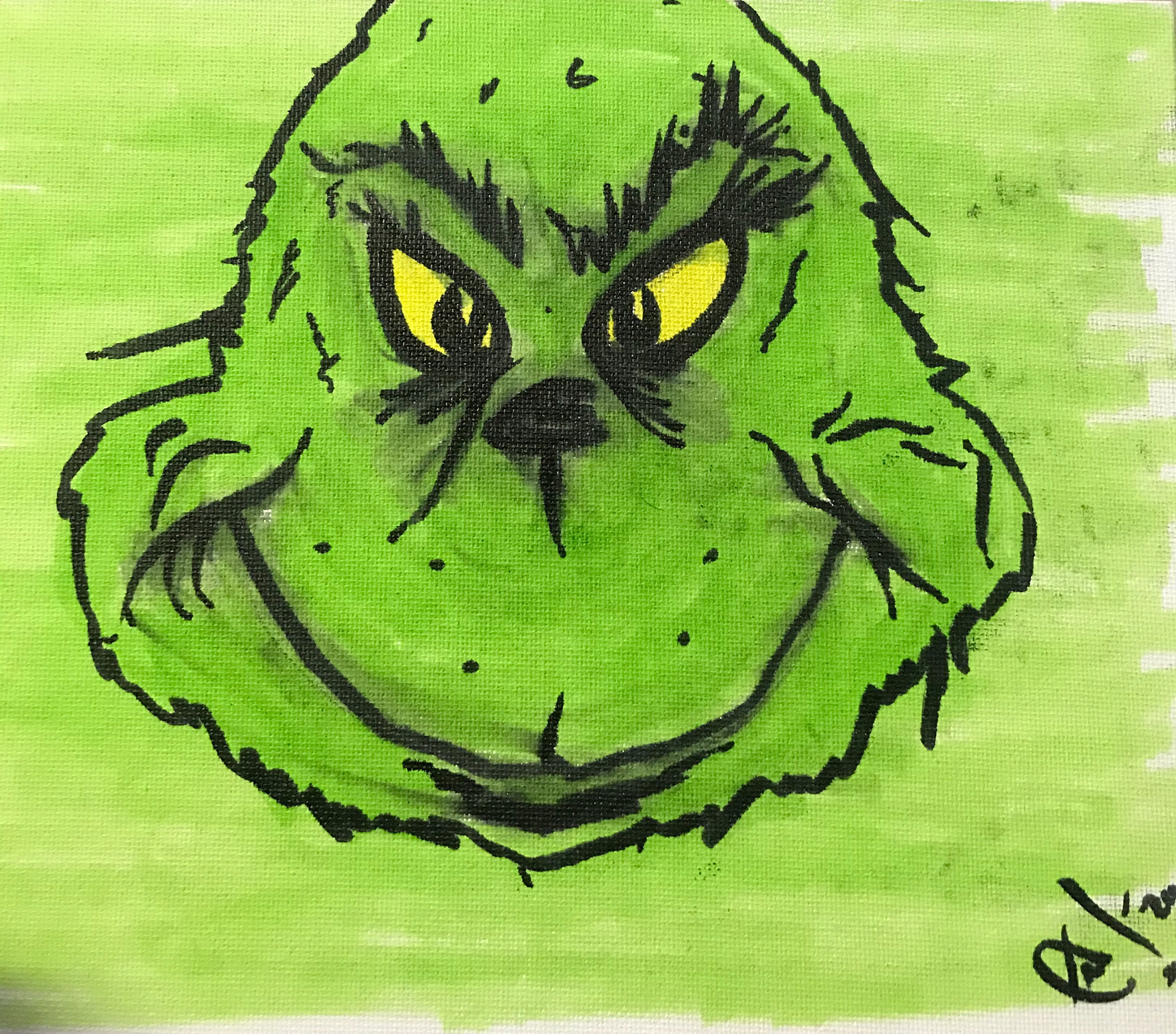 Grinch on flat canvas; Ink and paint.