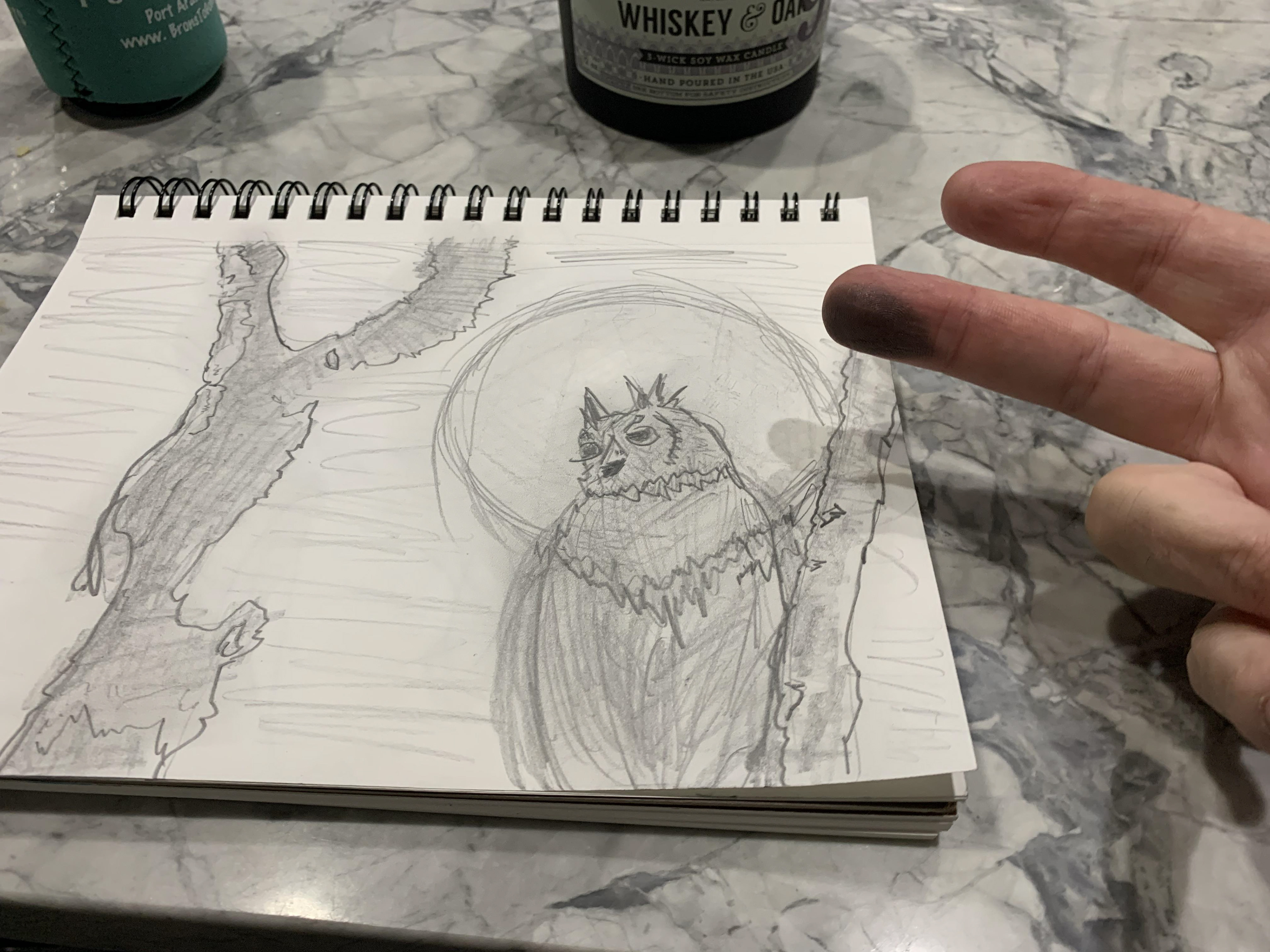 Owl in tree portrait; Pencil.