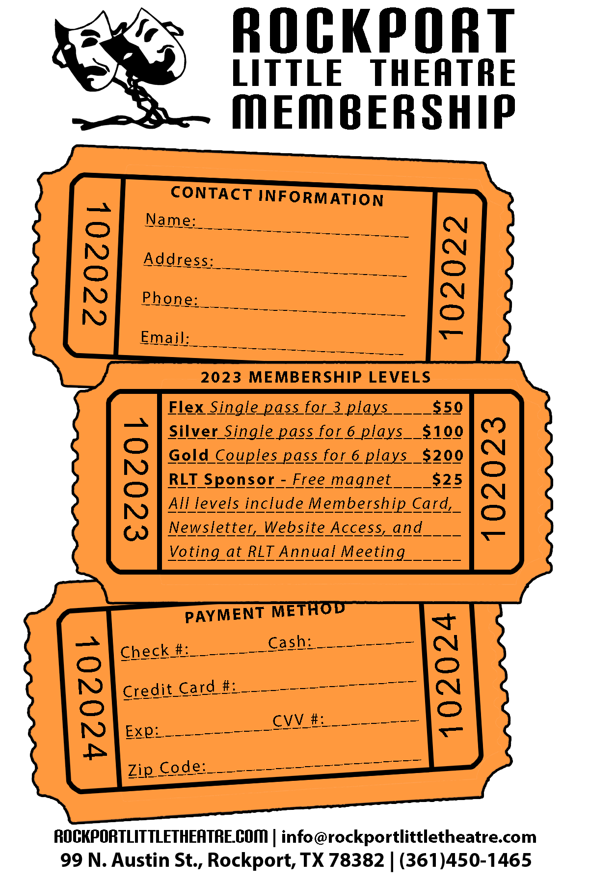 Rockport Little Theatre Membership Flyer; Group of three tickets with information on membership.