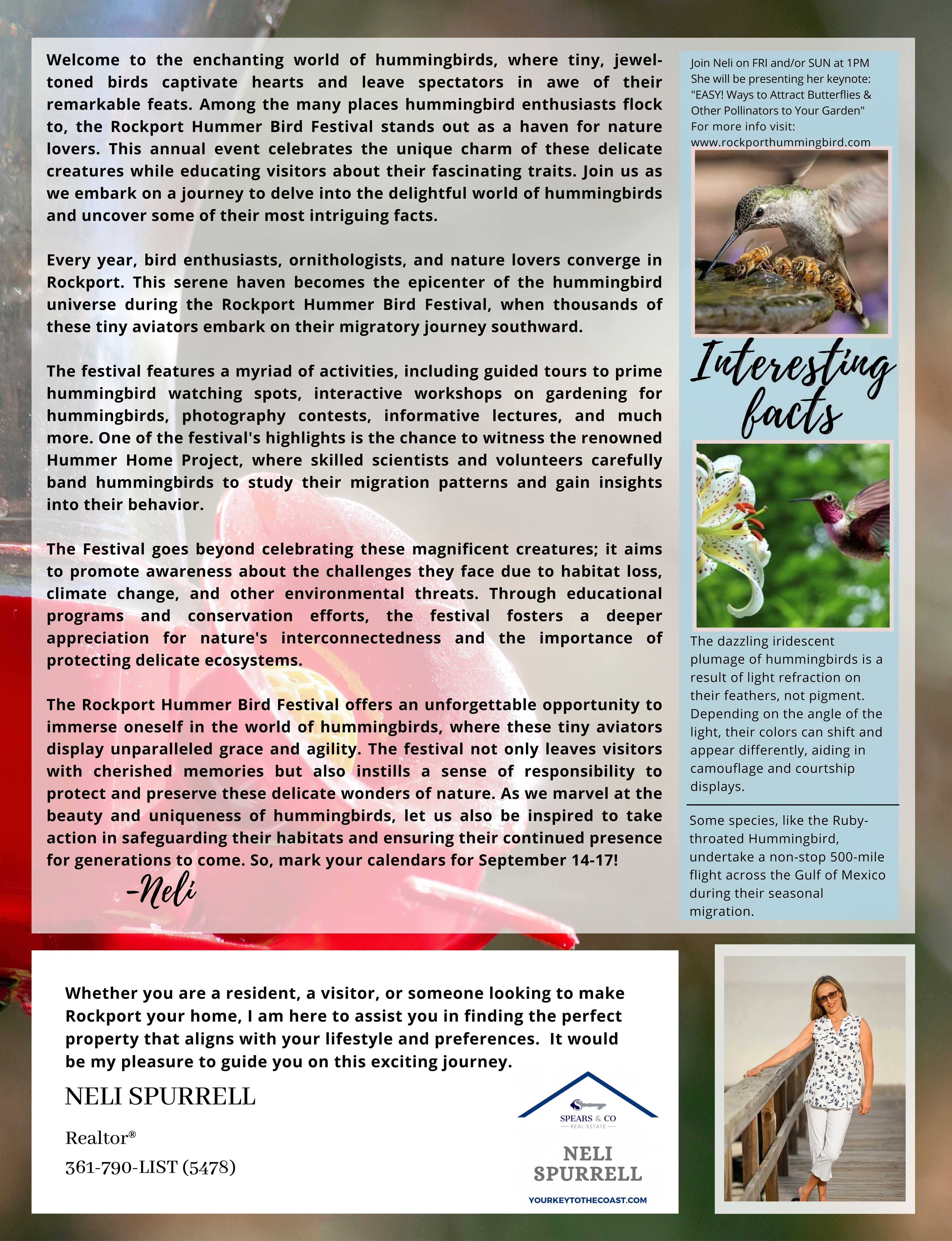 Inside front cover of magazine with hummingbird feeder background, letter to clients and CTA.