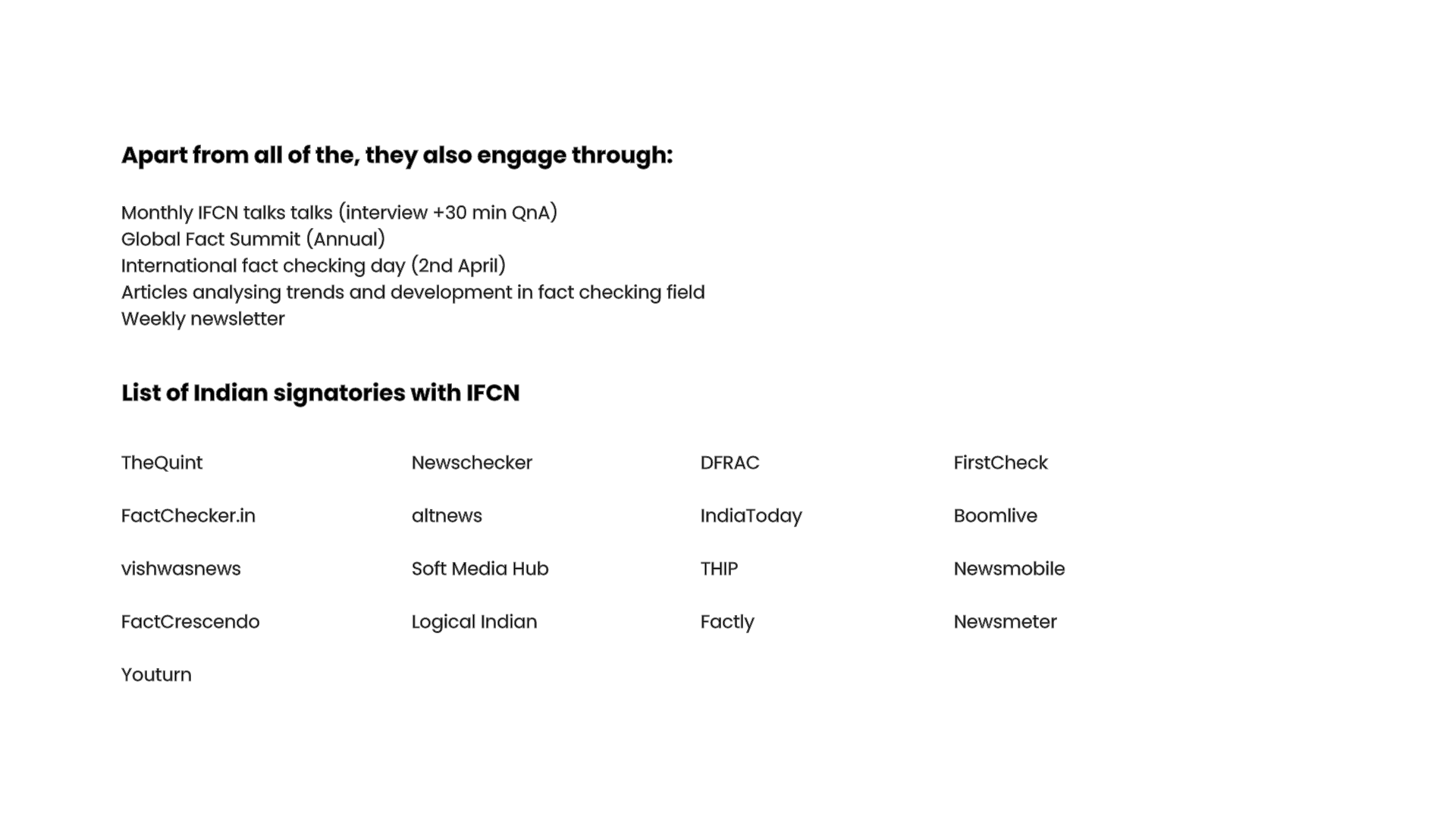 IFCN engagements and list of Indian signatories