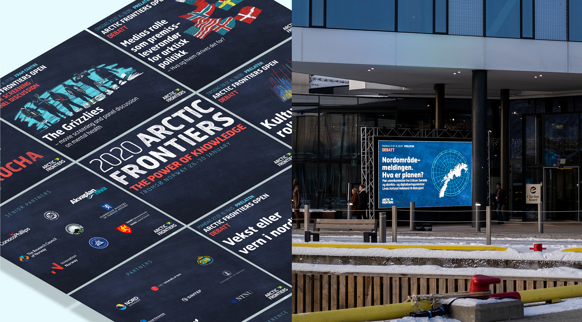 Banners used on screen outside the conference.