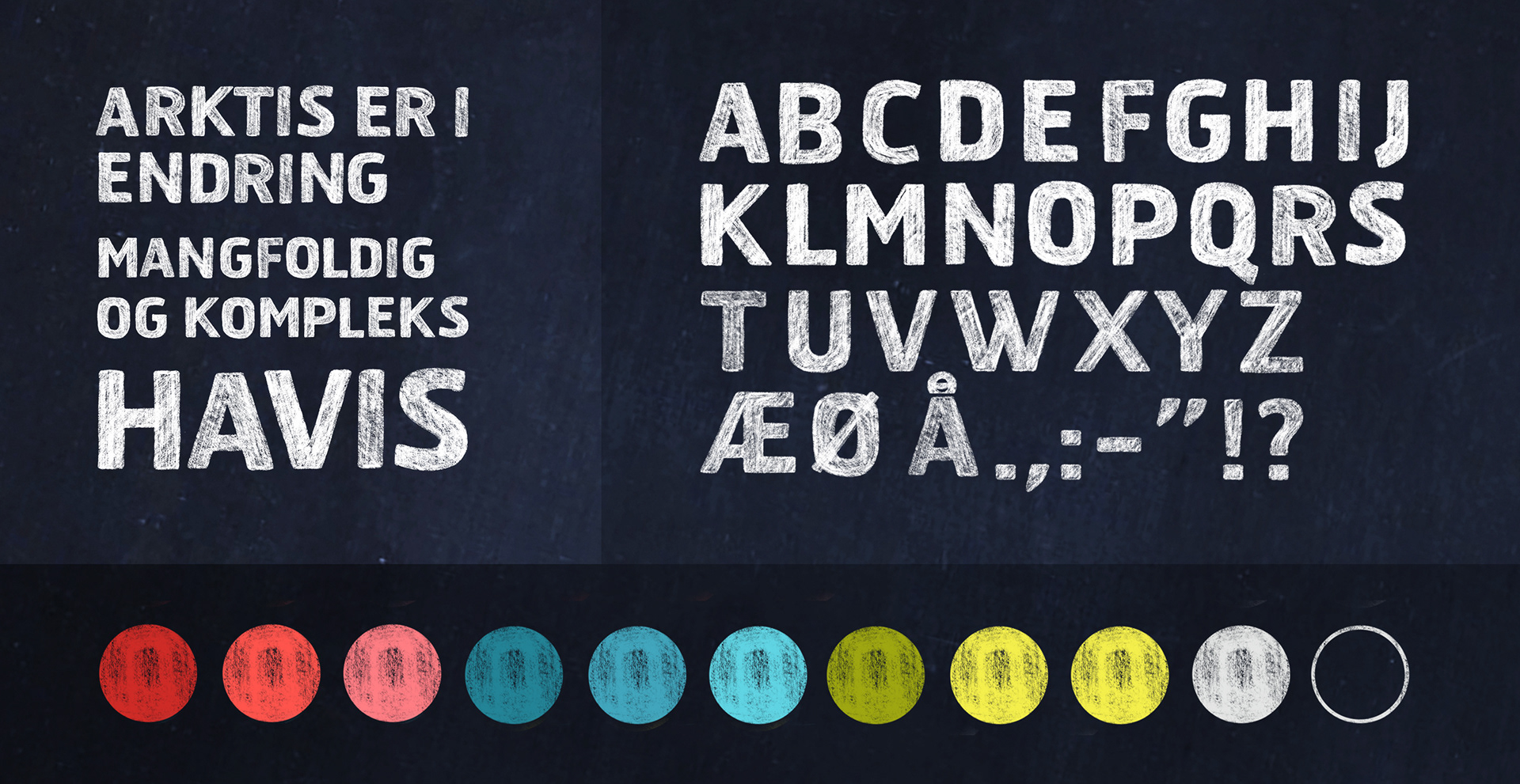 Identity samples. Colours and handmade chalk-typeface.