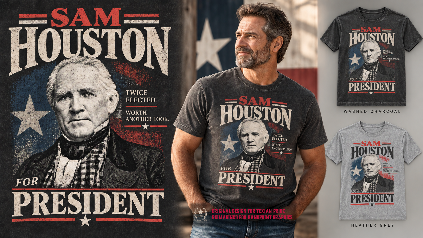 Sam Houston heritage-inspired apparel design featuring a vintage campaign poster, T-shirt mockup, and charcoal and heather grey shirt variations.