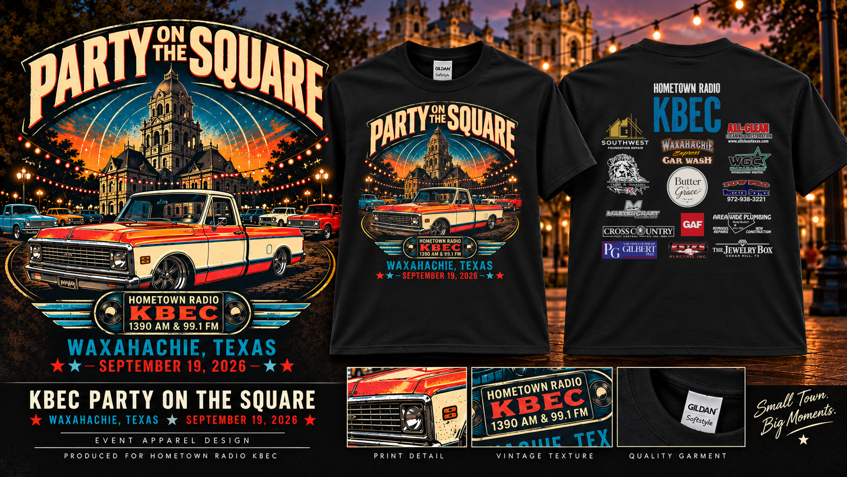 KBEC Party on the Square event apparel featuring vintage Waxahachie courthouse and Chevrolet truck artwork with front and back T-shirt designs.