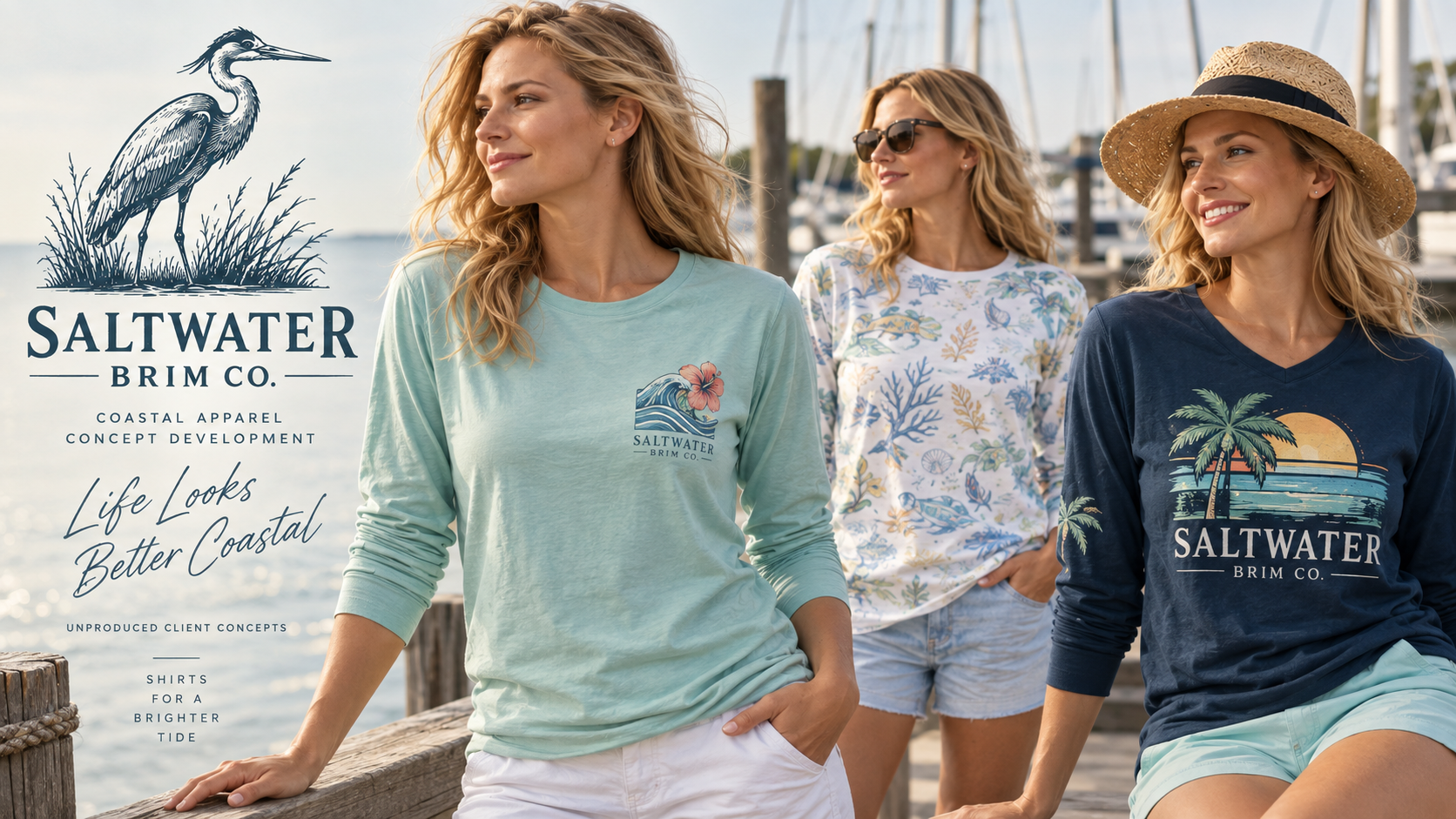 Saltwater Brim Co. coastal apparel concepts featuring original heron, floral, and sunset graphics on women’s shirts.