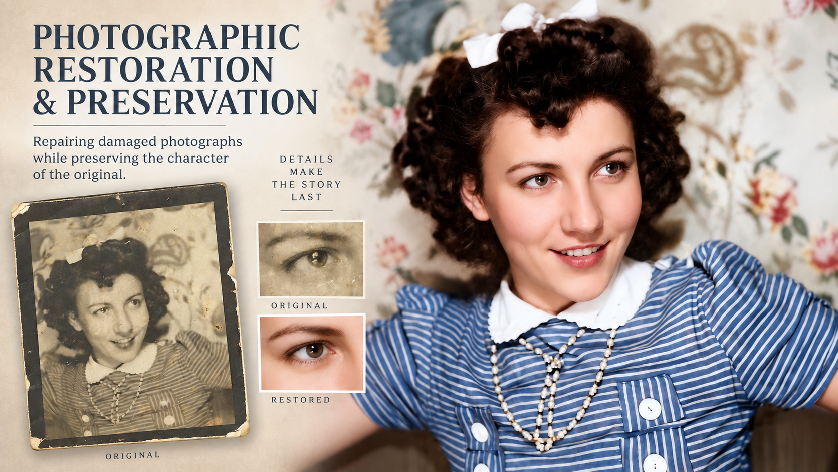 Vintage family photograph restoration showing the damaged original alongside the repaired, reconstructed, and colorized portrait.