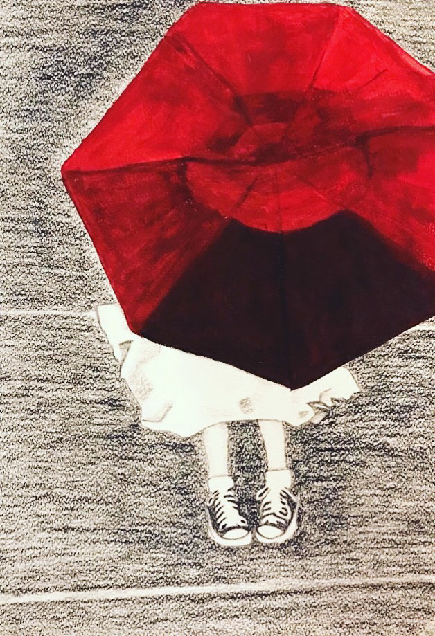 'The red Umbrella' 40 x 55cm, Charcoal & Acrylic, 2022