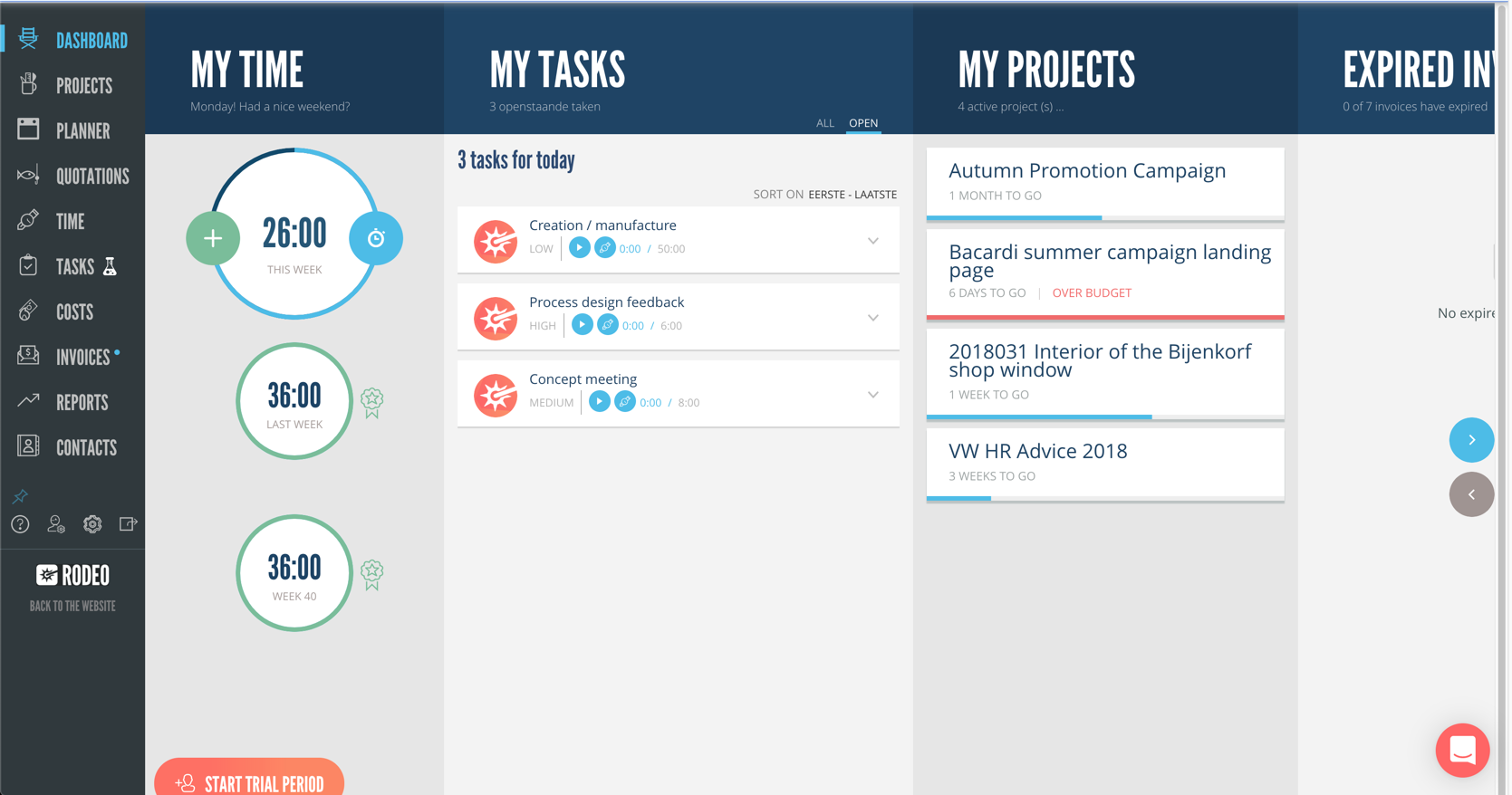 Original design of Rodeo dashboard page at time of assignment