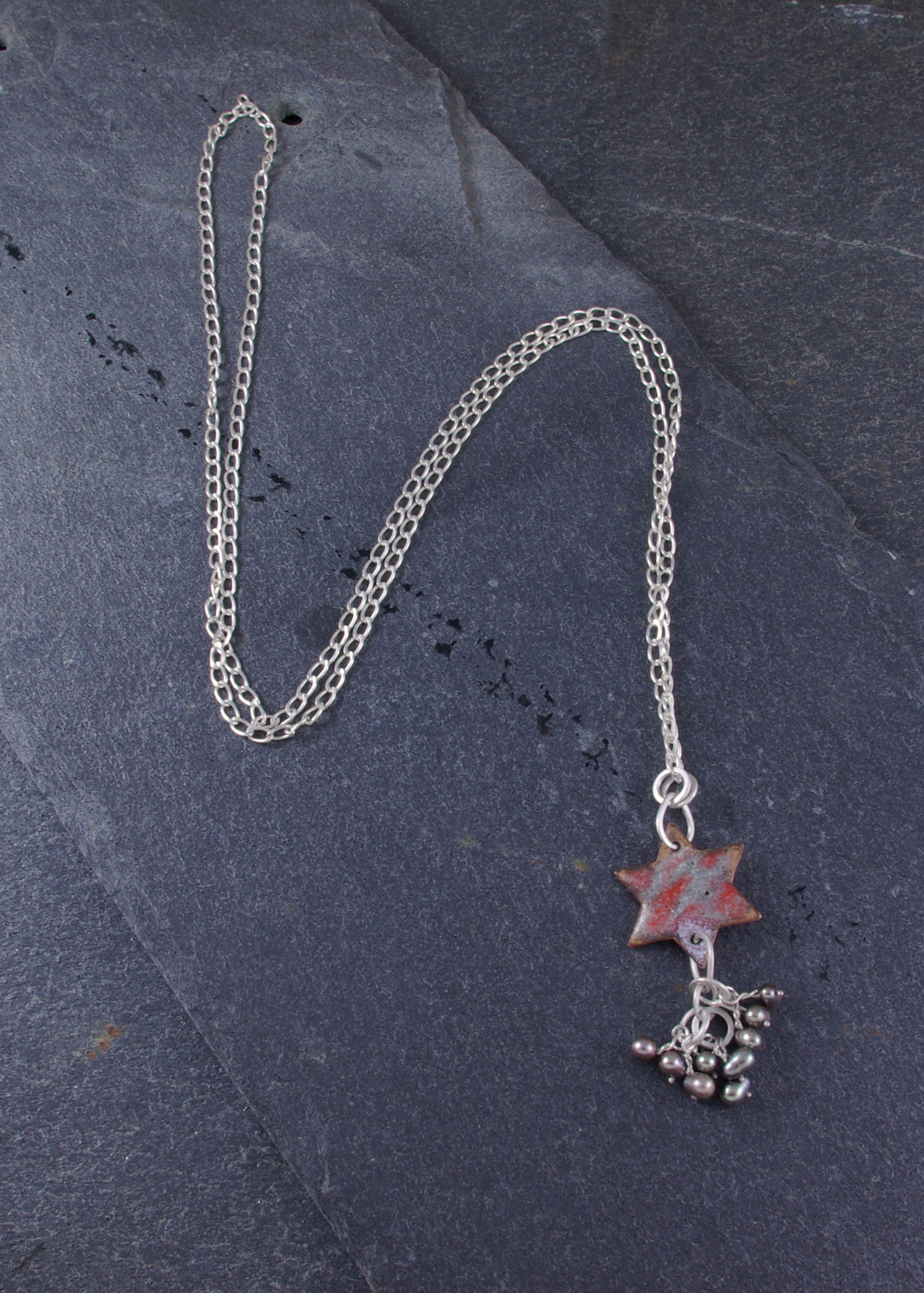 enamel on copper, pearls, sterling silver chain