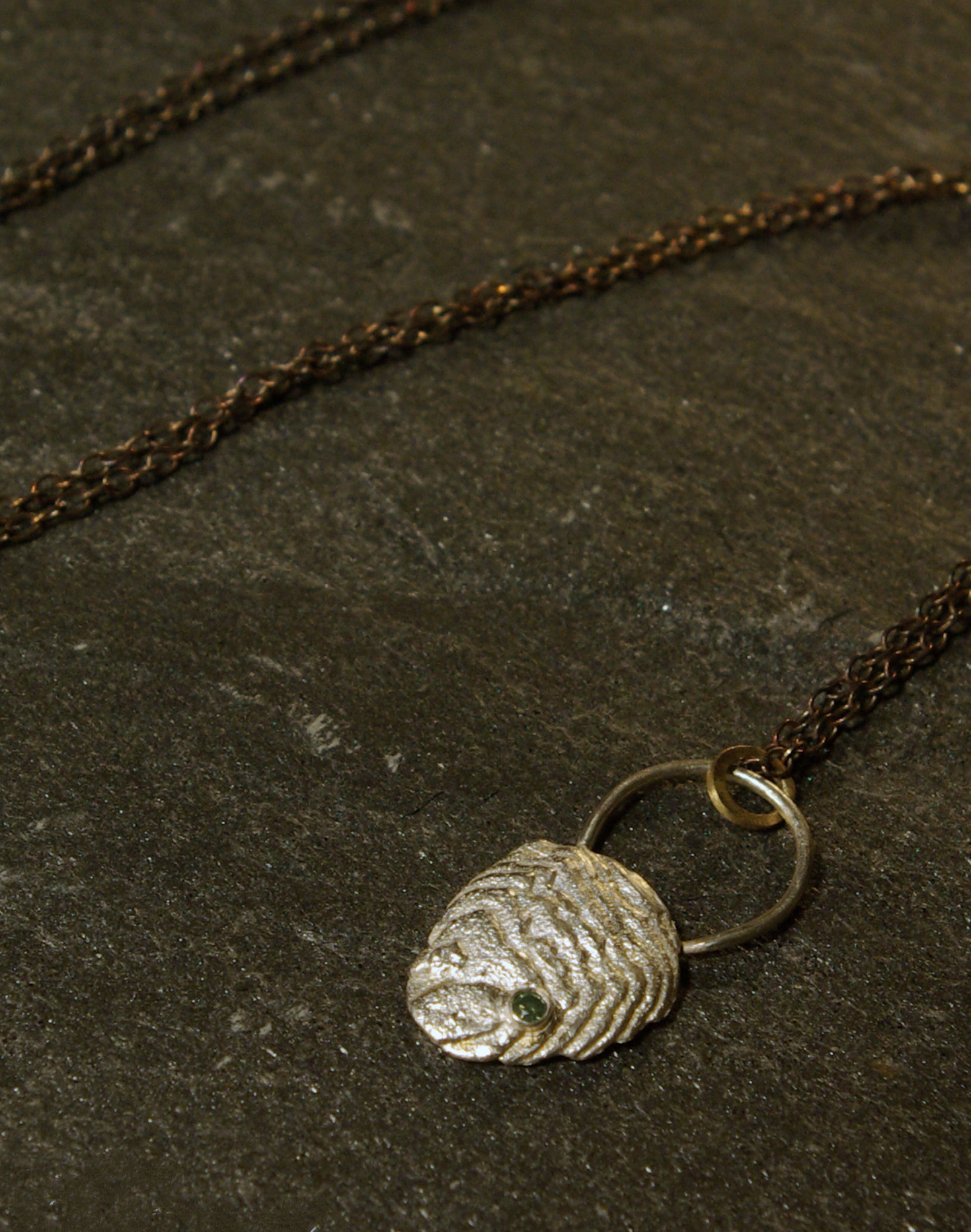 shell pendant, cuttlebone cast sterling silver, tourmaline stone, oxidized silver chain