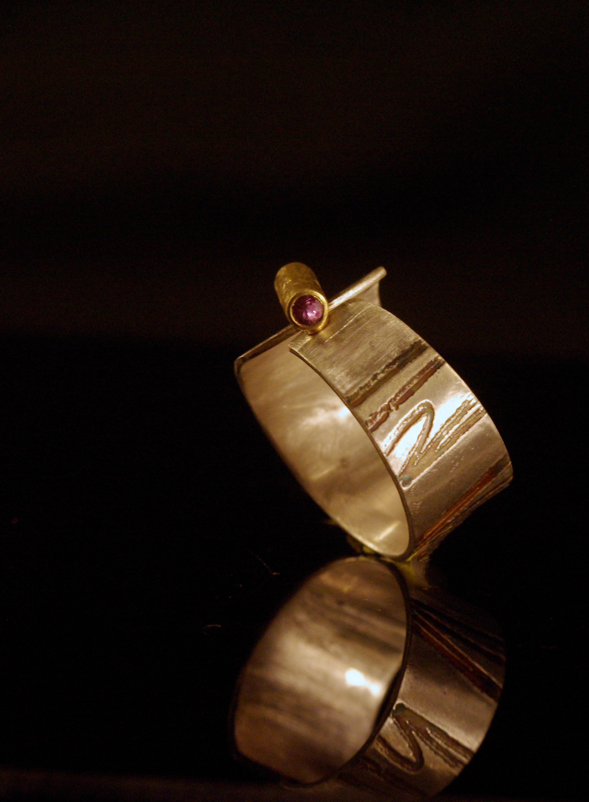 tigre ring, sterling silver rolled & oxidized, green & purple sapphires in 14Ky gold