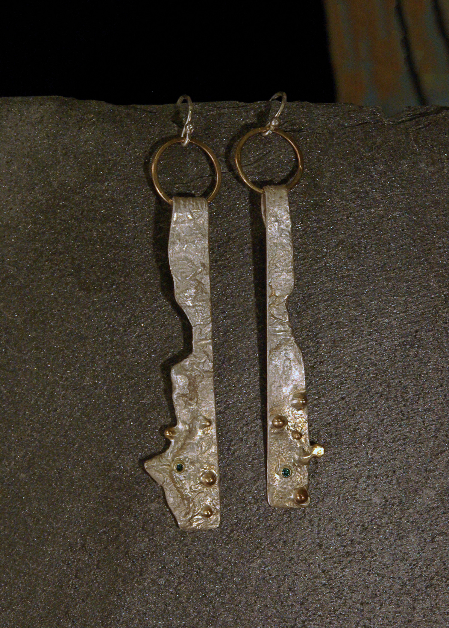 moon earrings, reticulated sterling silver, 14Ky gold, blue-green diamonds in 14Ky gold