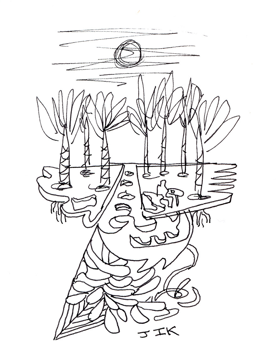 Sunset under palm trees, ink on paper