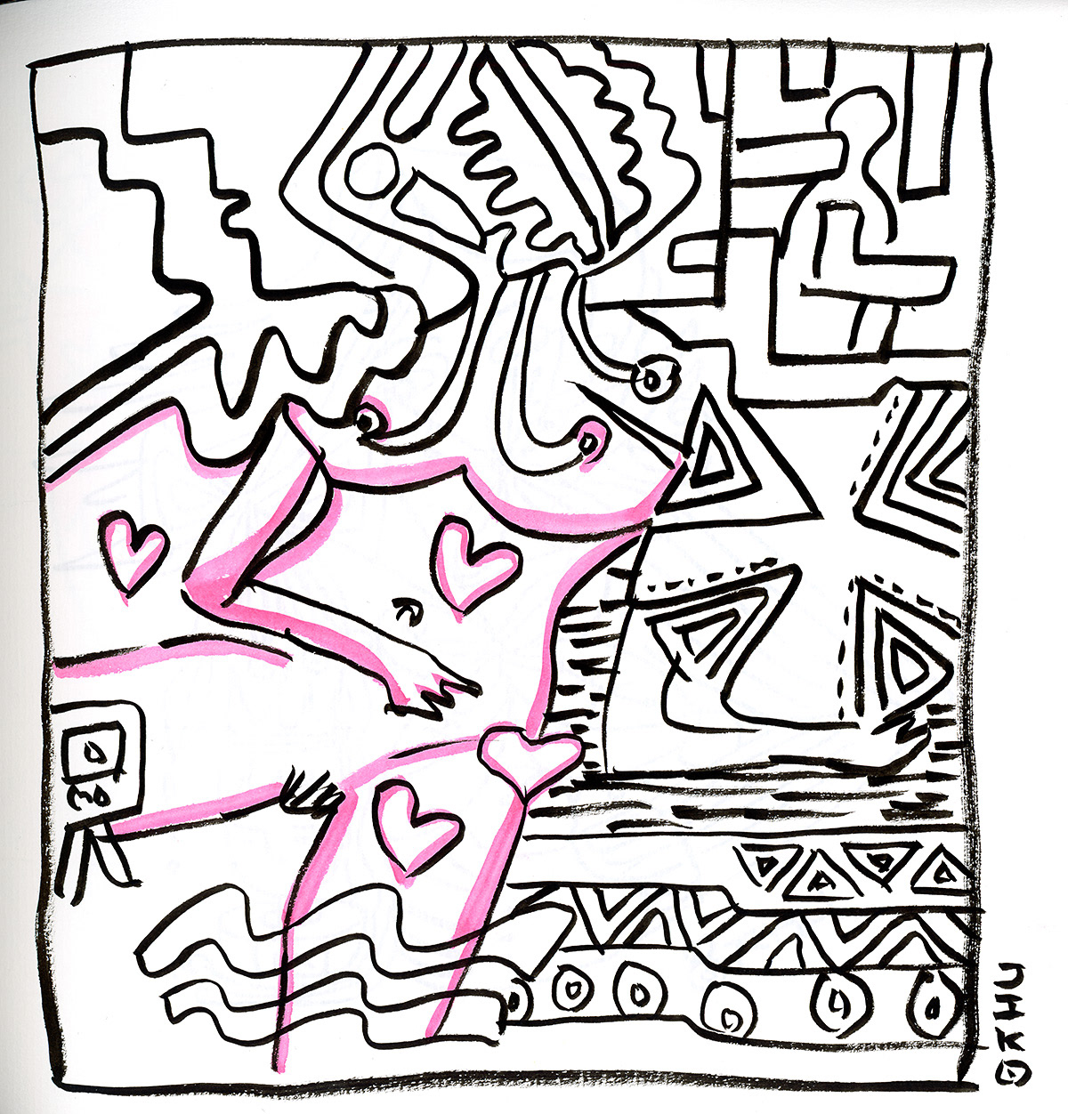 Sensual shower, ink on paper